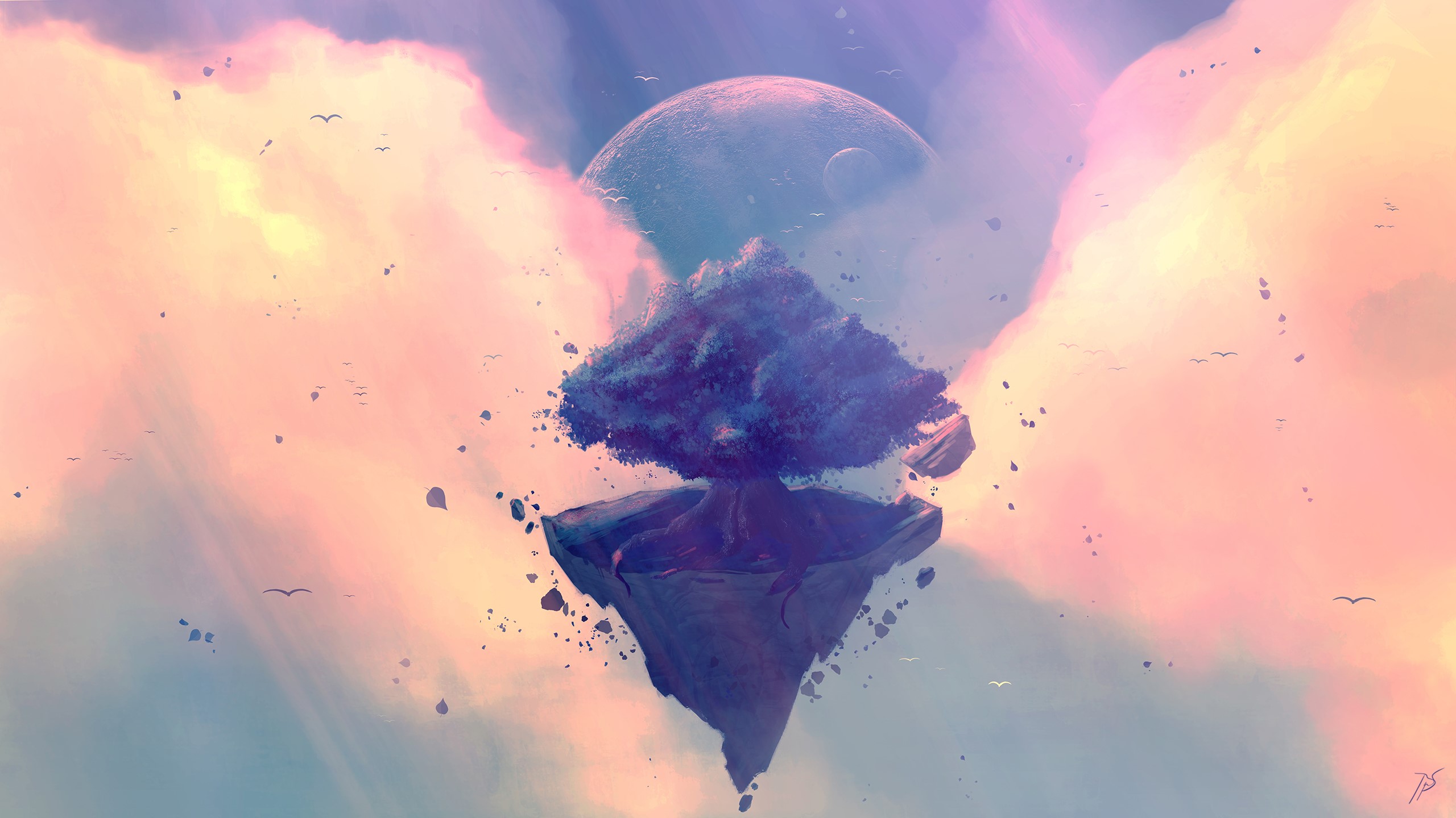 Fantasy art of a floating island with a tree and planets HD Wallpaper