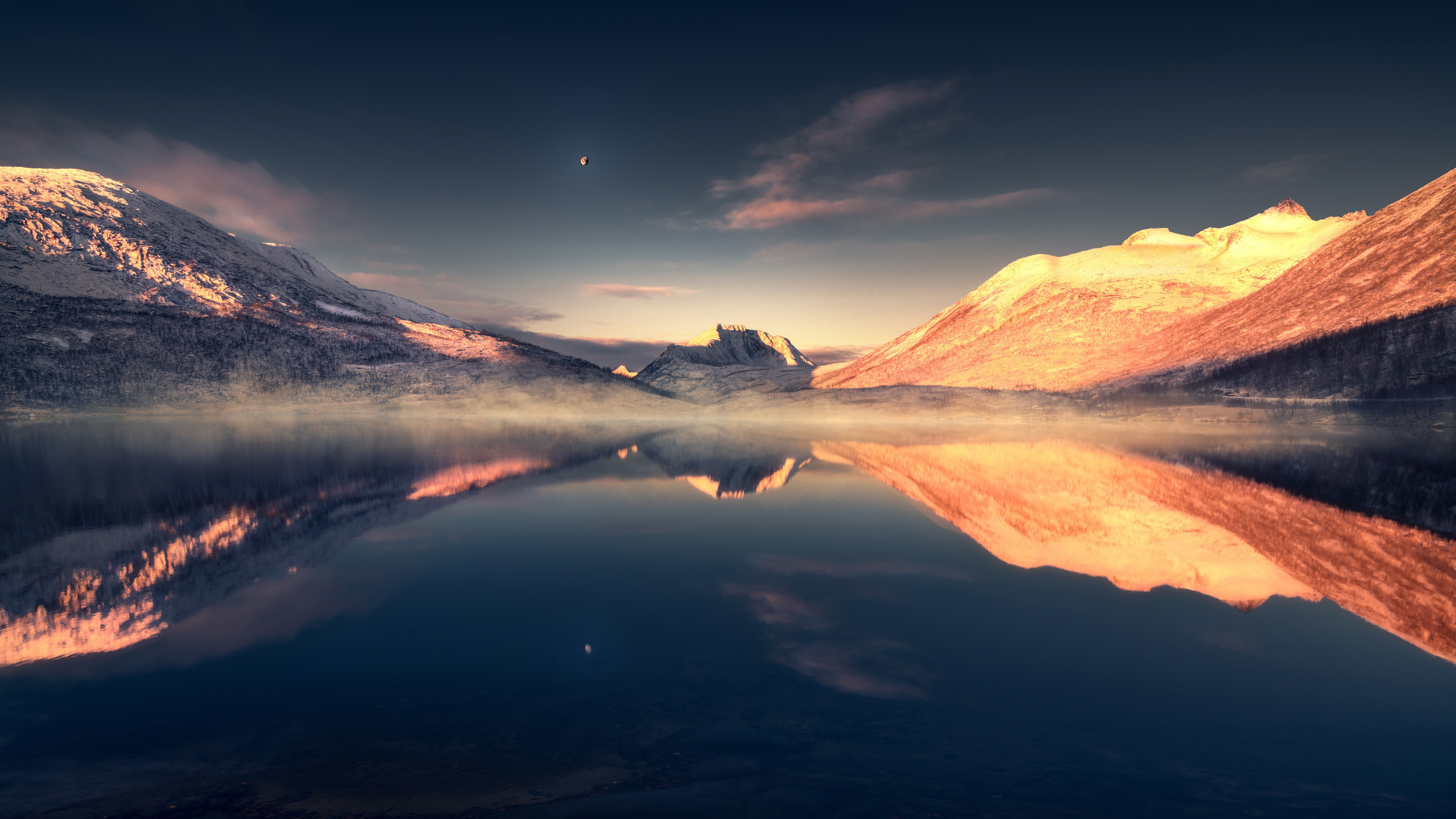 4K Mountains Reflecting in Lake with Moon HD Wallpaper