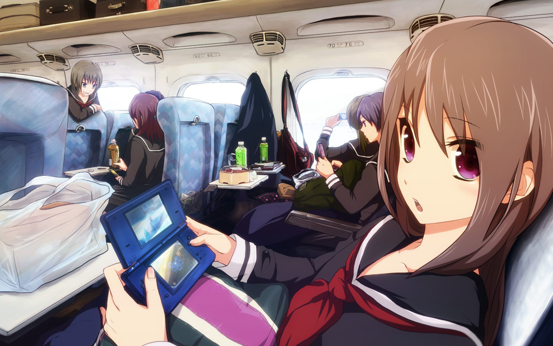 Anime girls playing Nintendo DS on a train HD Wallpaper