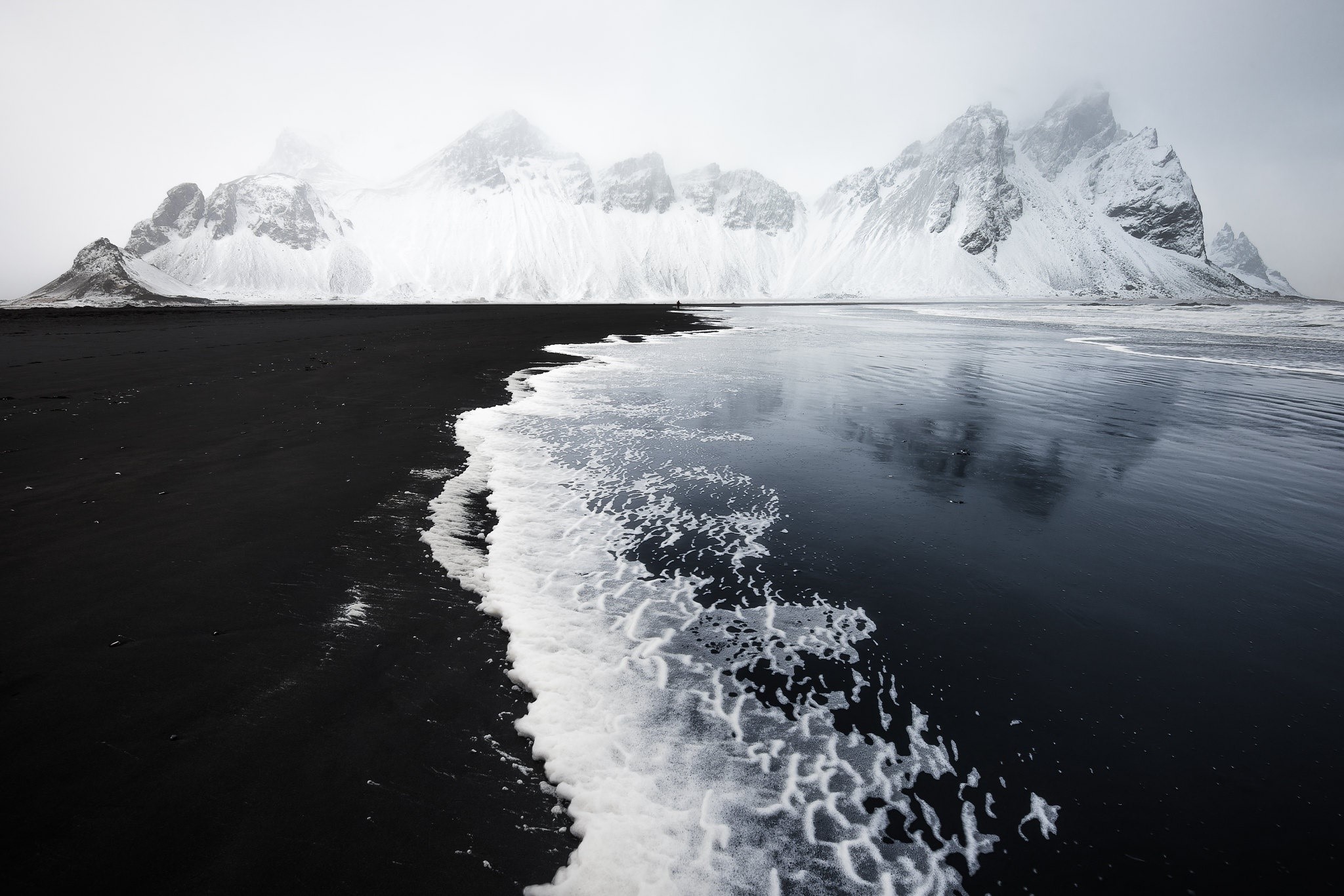Snow-capped mountains and black sand beach in Iceland HD Wallpaper