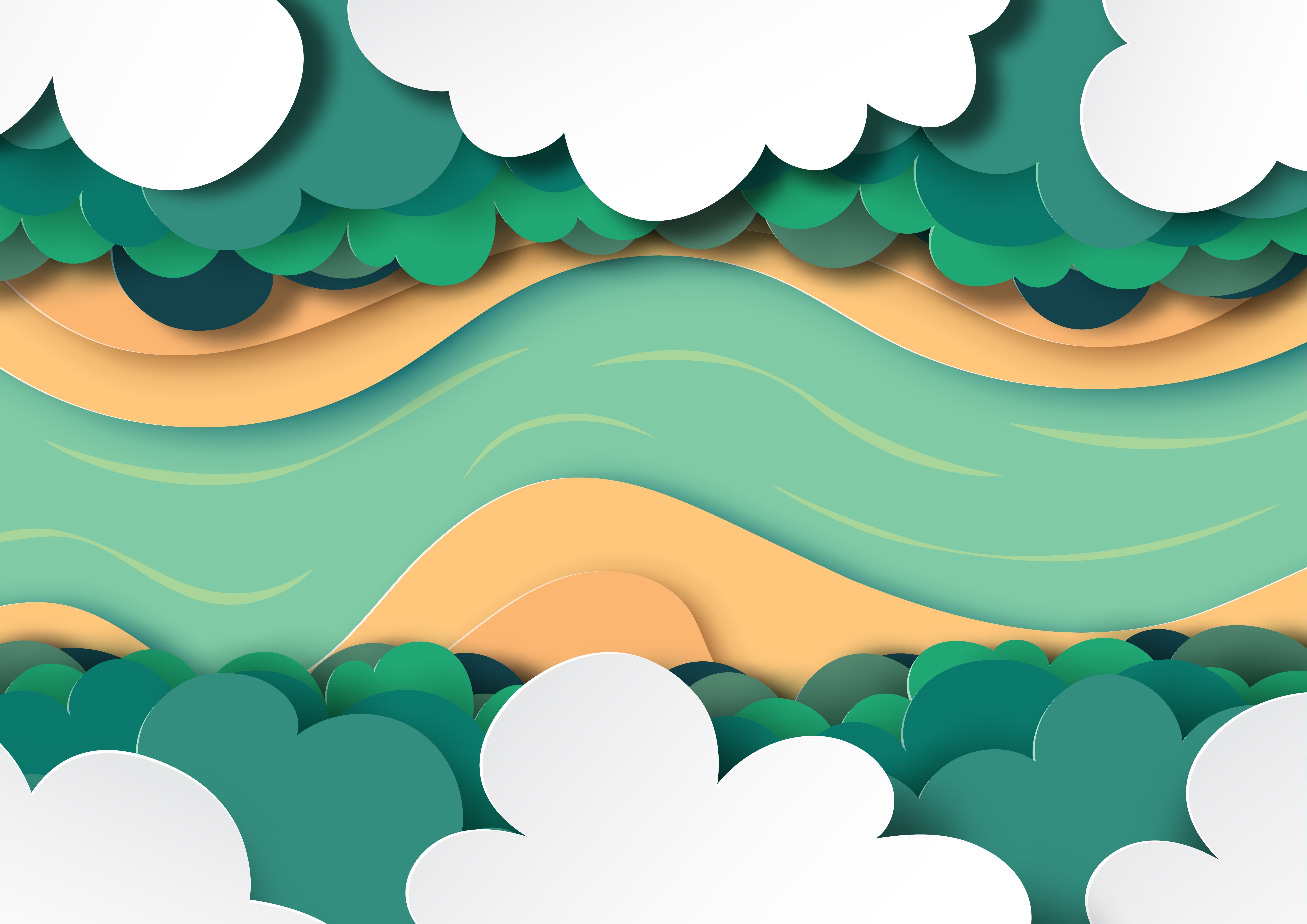Abstract paper cut river and forest landscape HD Wallpaper