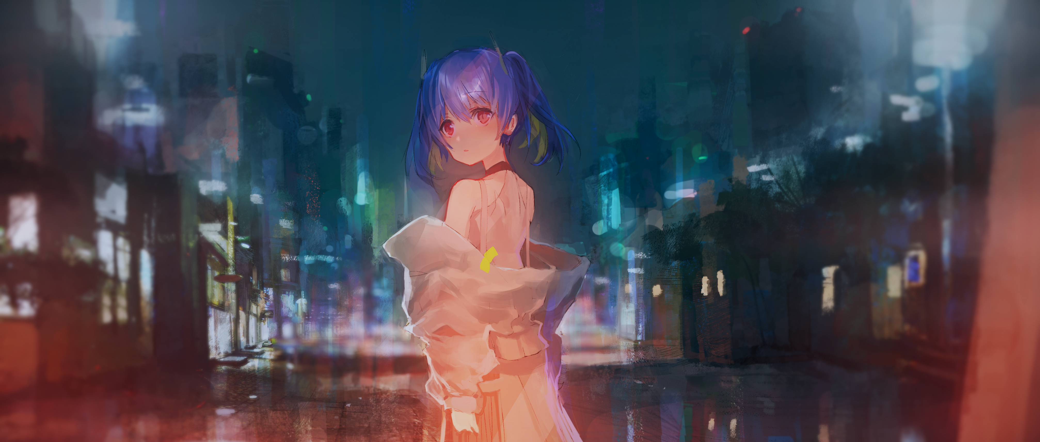 Anime girl with blue hair and red eyes in a city at night HD Wallpaper