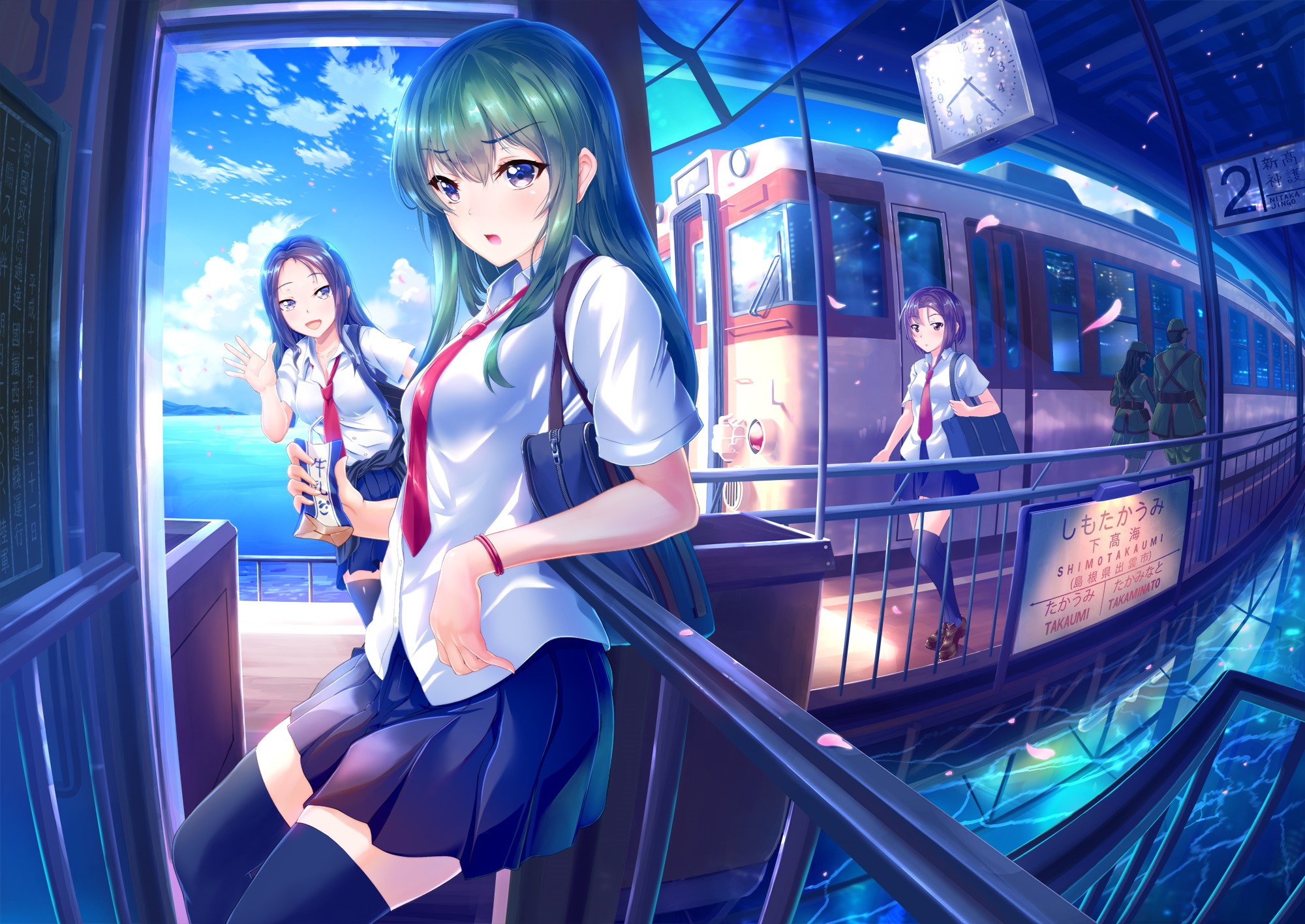 Anime girls in school uniforms at a train station by the sea HD Wallpaper