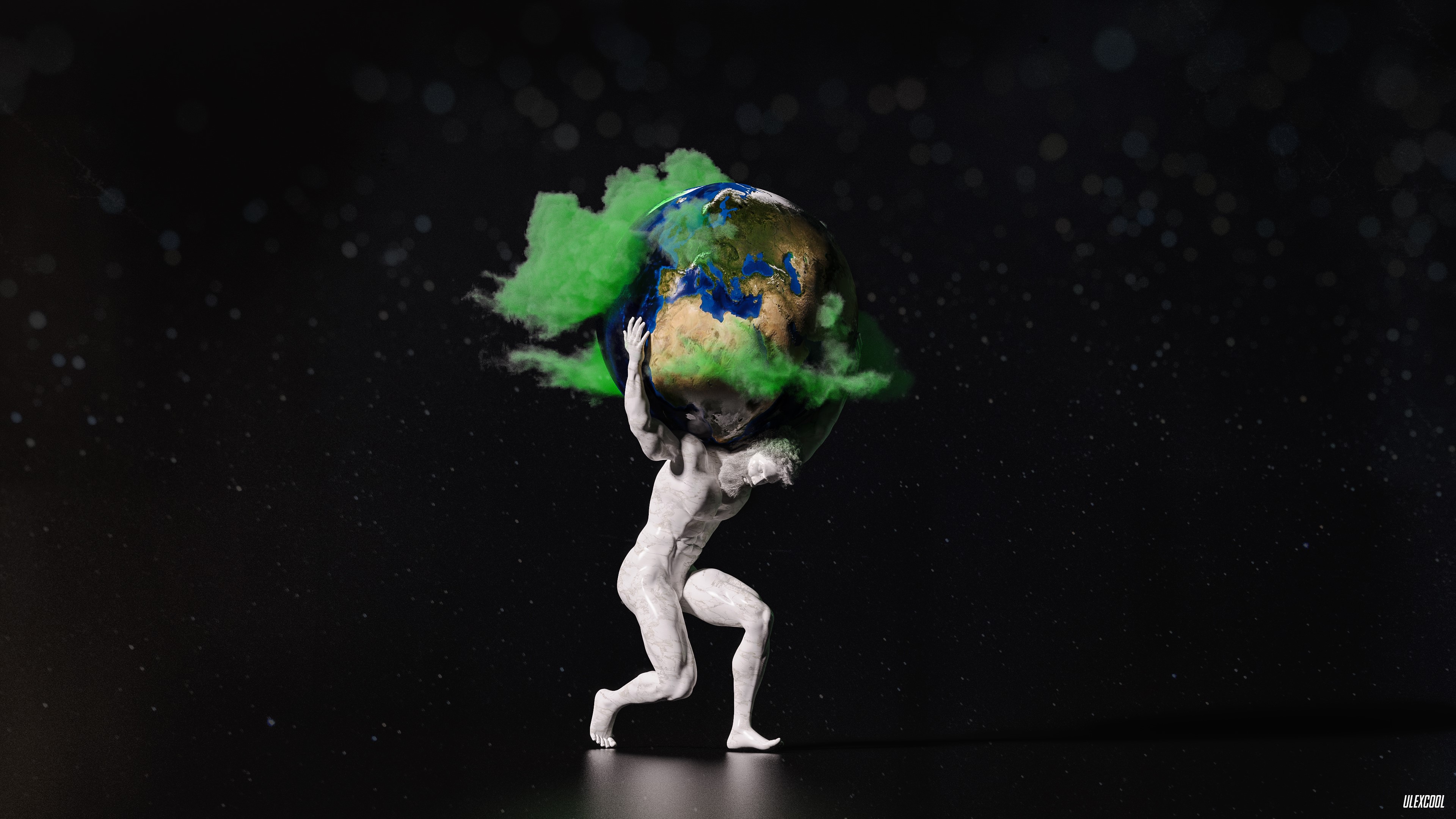Atlas carrying the Earth with green clouds HD Wallpaper