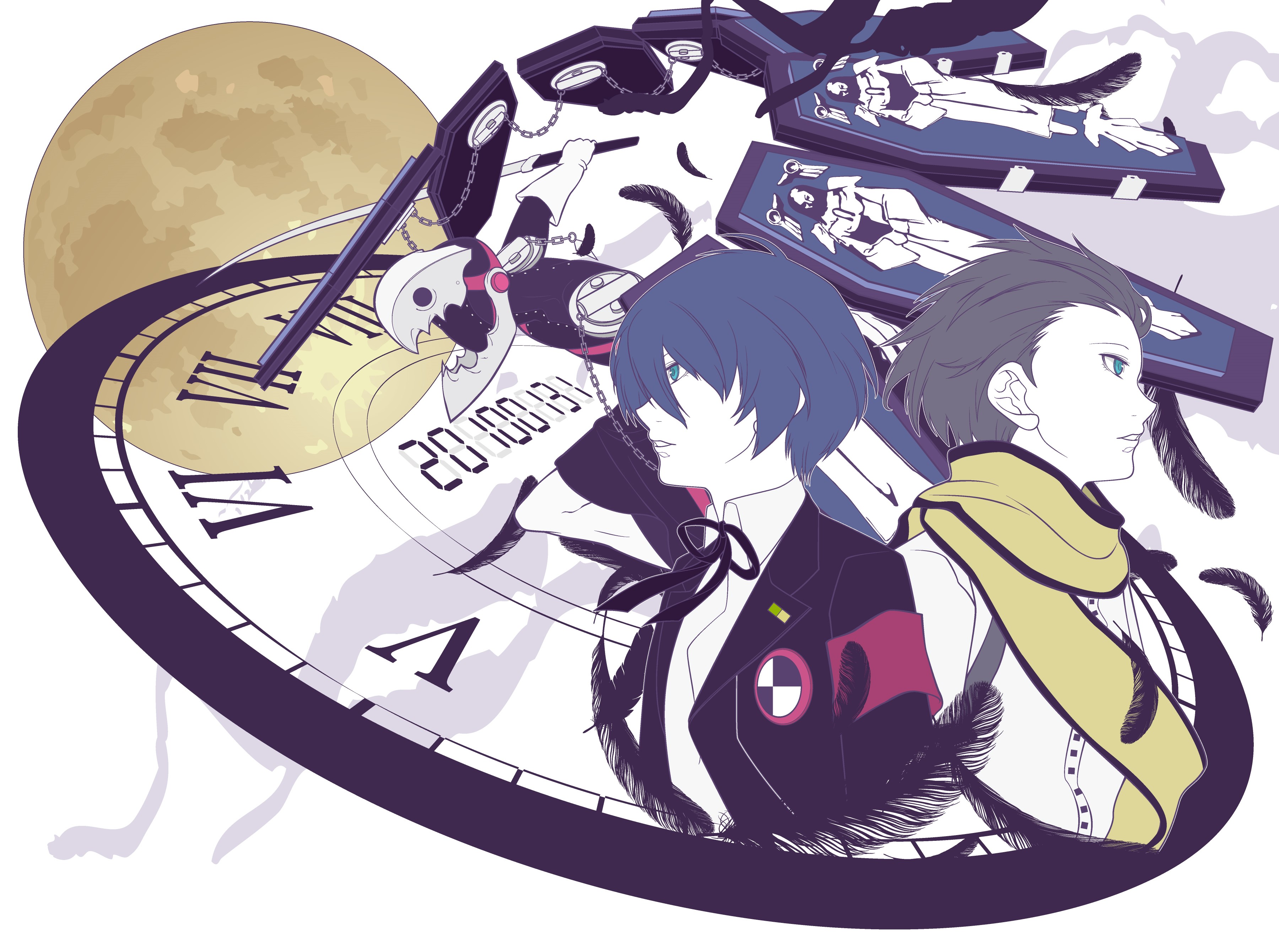 Persona 3 art featuring Thanatos and two characters HD Wallpaper
