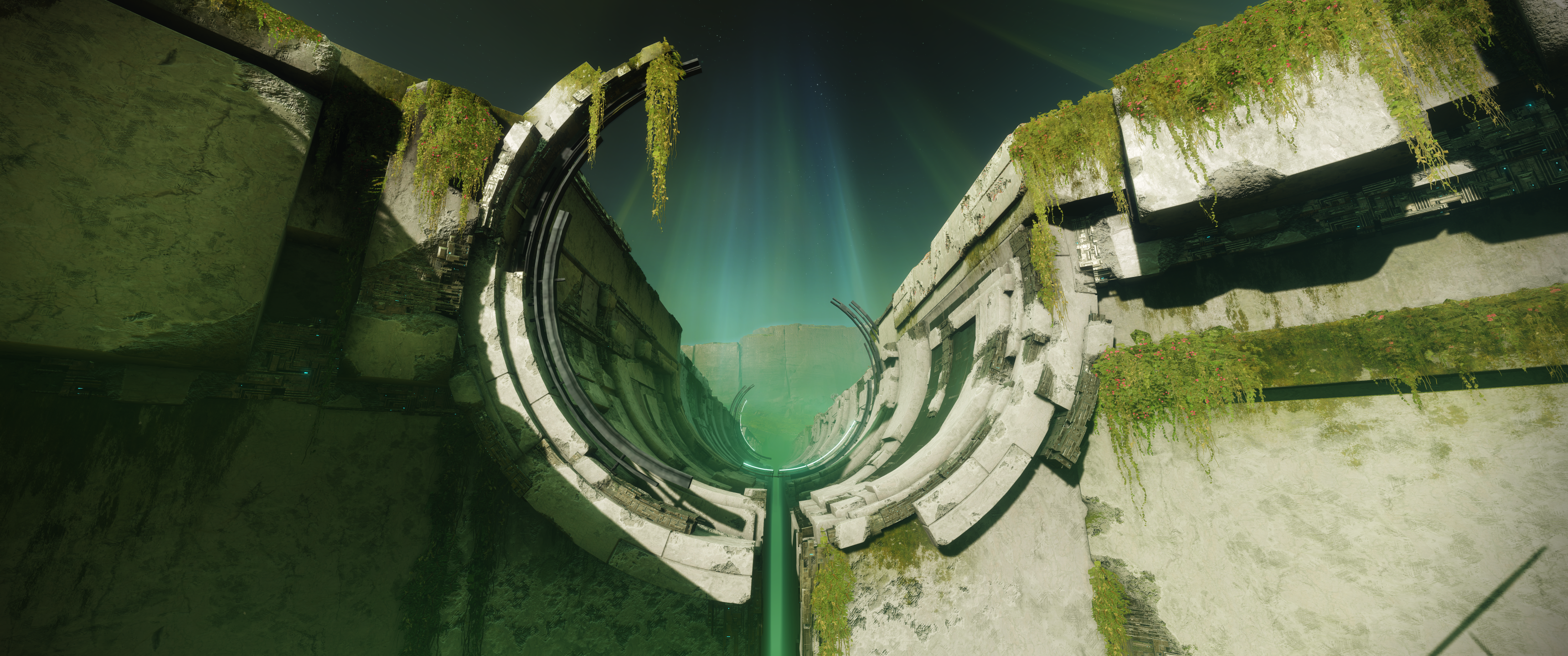 Destiny 2 ruins with green light beams HD Wallpaper