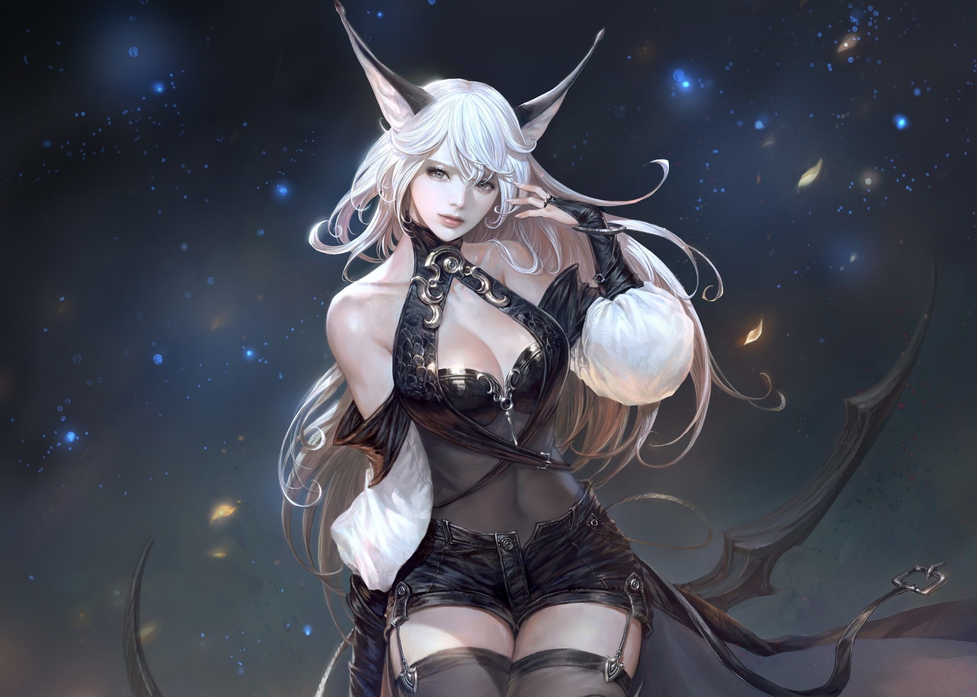 Fantasy girl with white hair and cat ears HD Wallpaper