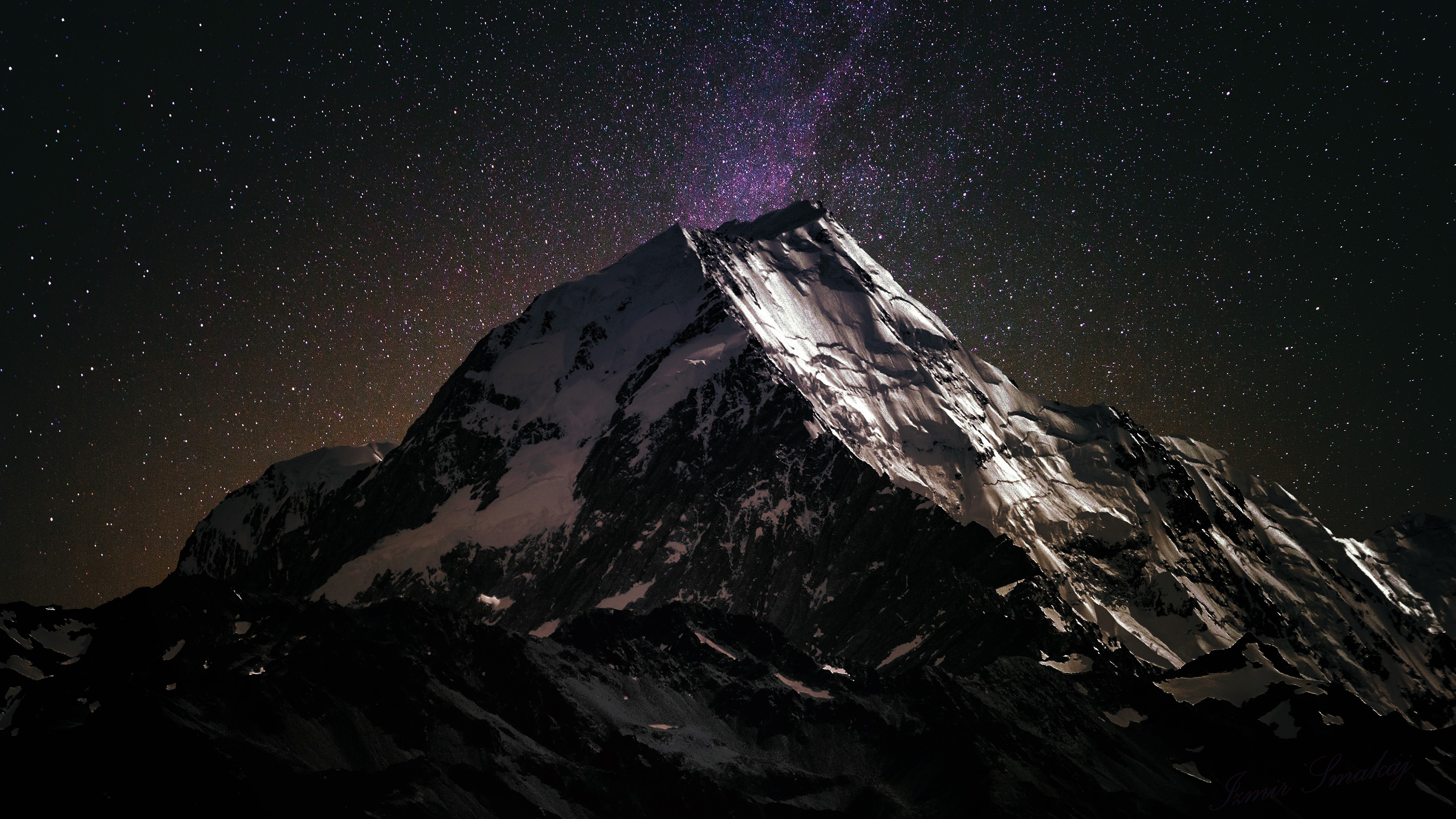 Mountain peak under a starry sky HD Wallpaper