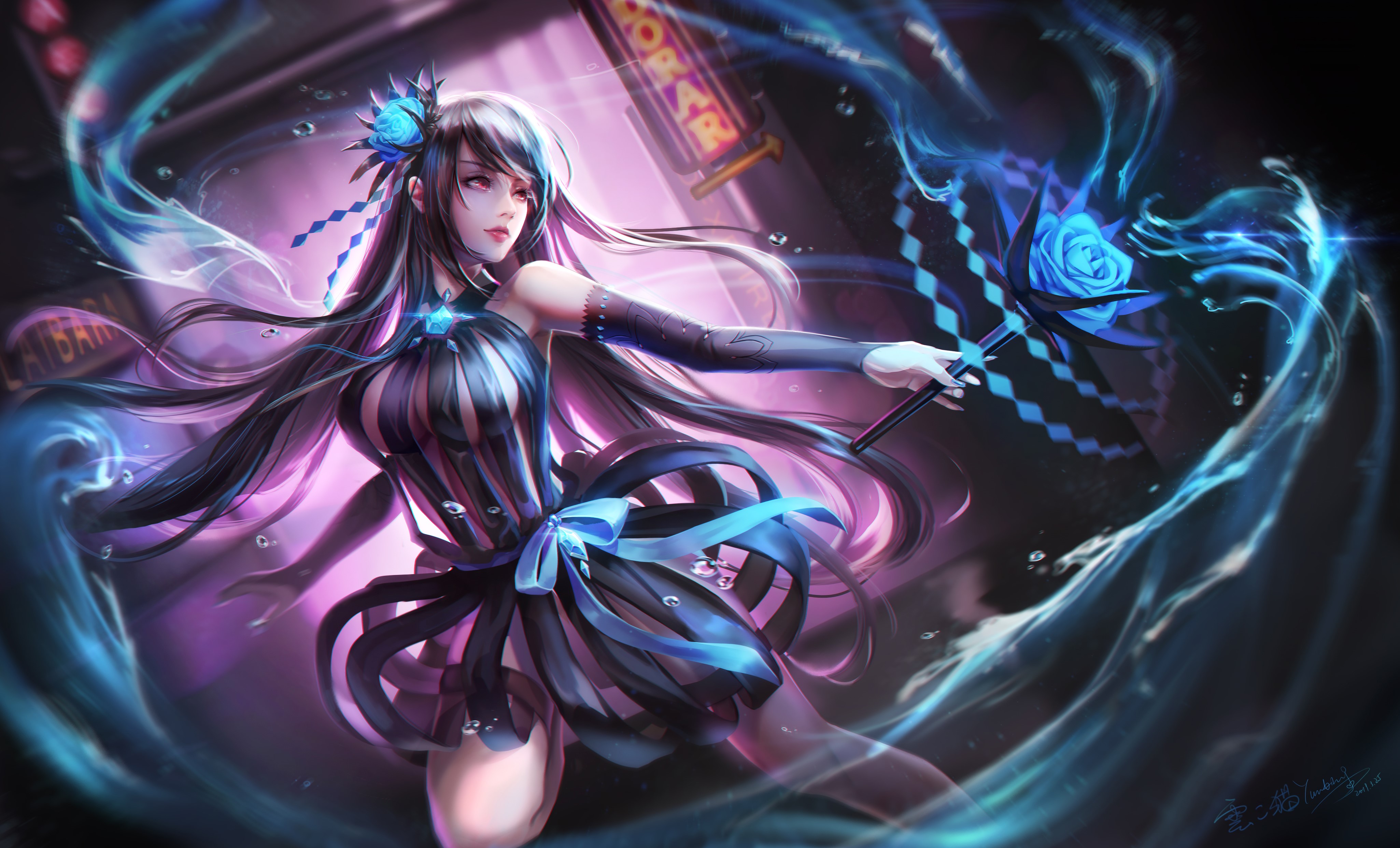Girl with blue rose magic staff HD Wallpaper