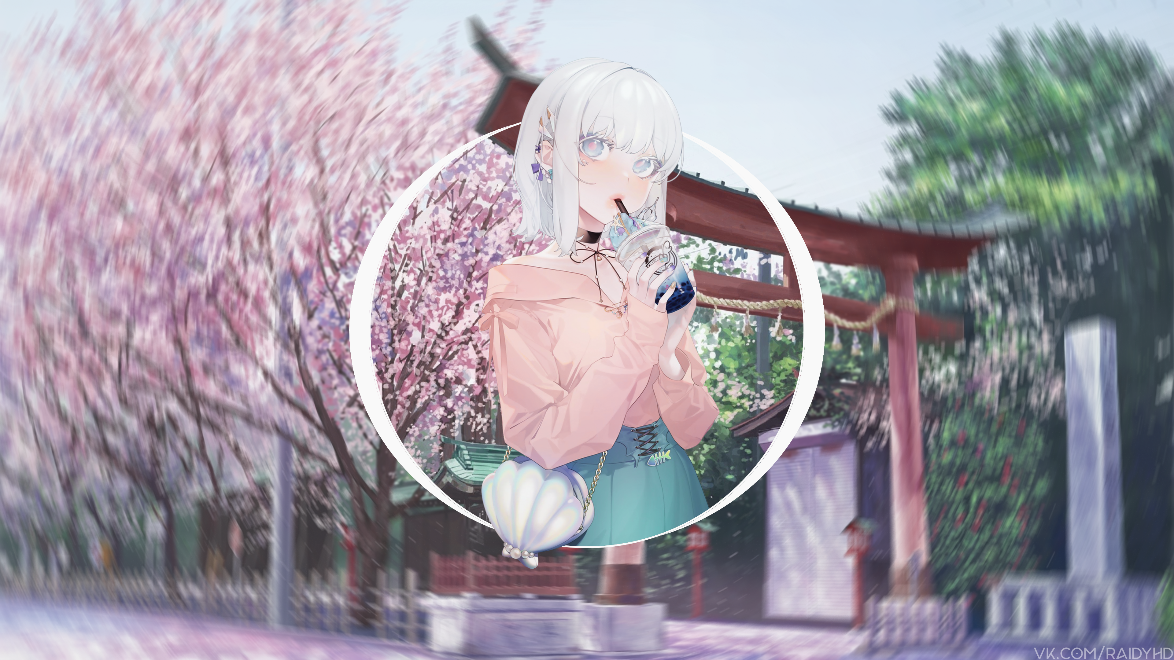 Anime girl drinking bubble tea in front of a shrine HD Wallpaper