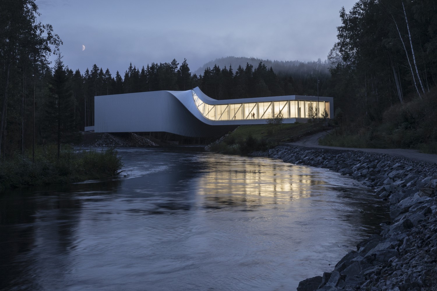 Modern architecture building by a river at dusk HD Wallpaper