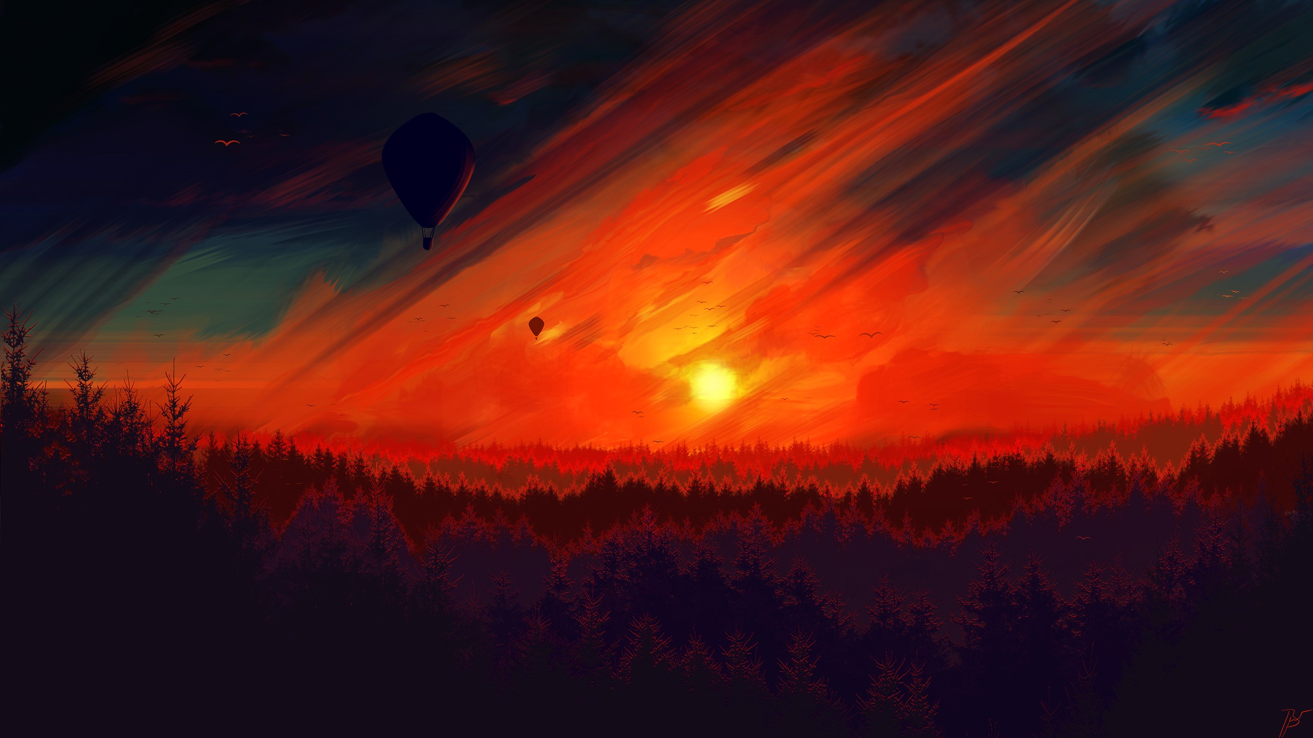 Digital painting of a sunset over a forest with hot air balloons HD Wallpaper