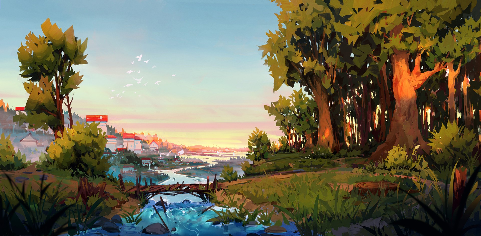 Digital art of a landscape with a river and forest HD Wallpaper
