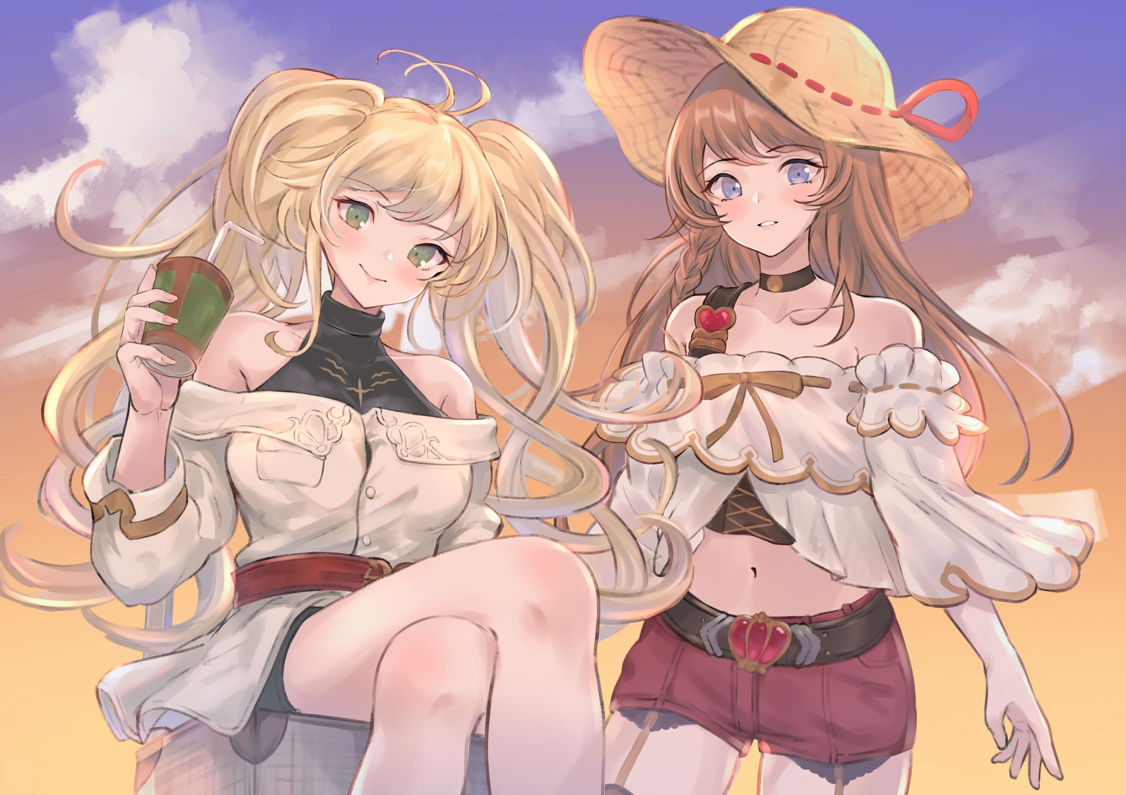 Two anime girls in summer outfits with a drink HD Wallpaper