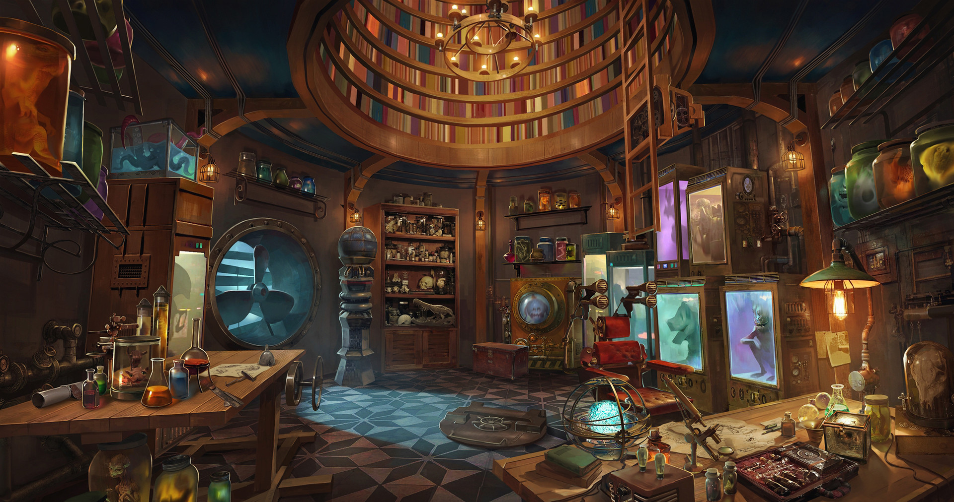 Steampunk laboratory with specimens in jars and bookshelves HD Wallpaper