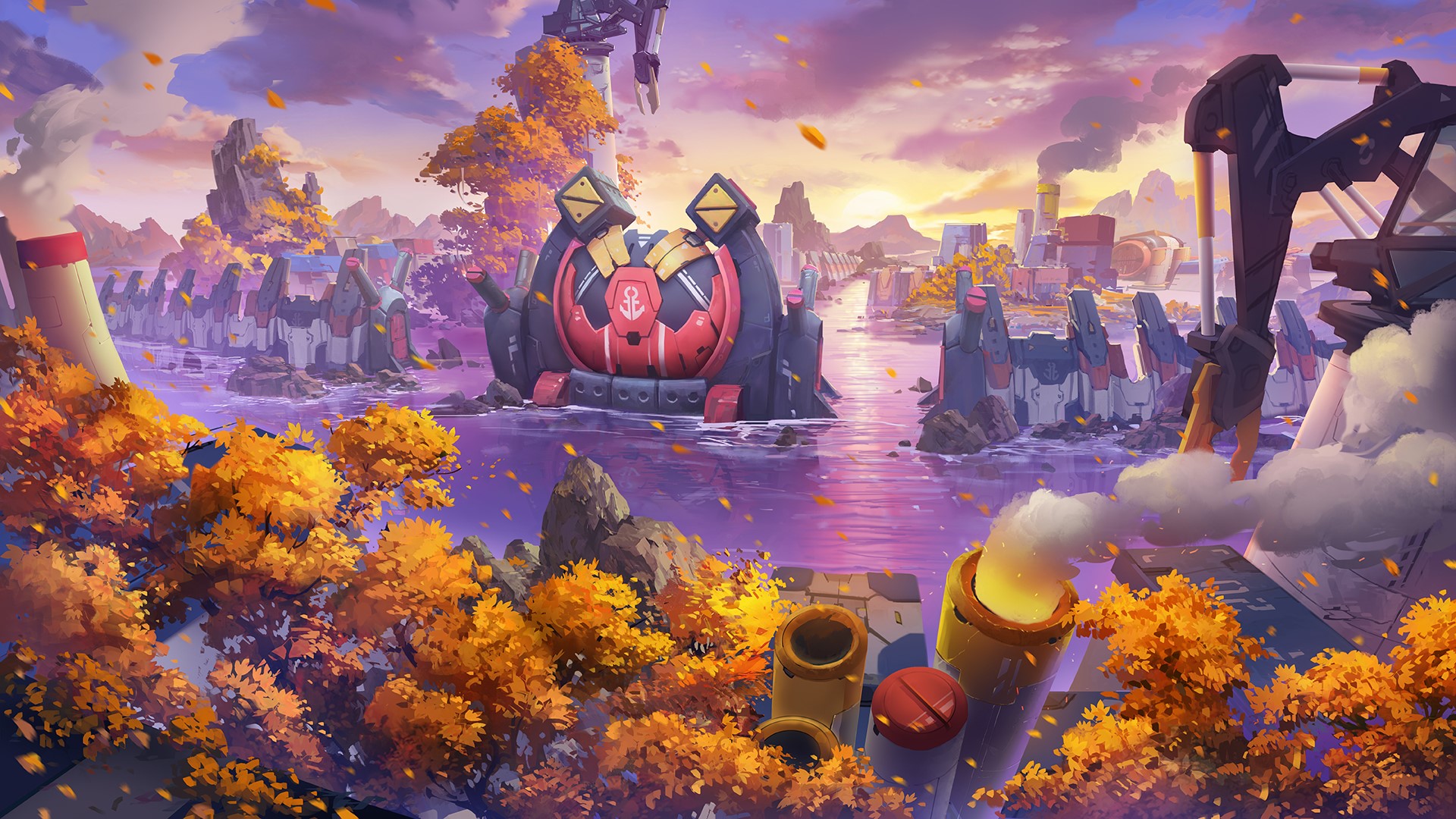 Futuristic industrial landscape with autumn trees HD Wallpaper