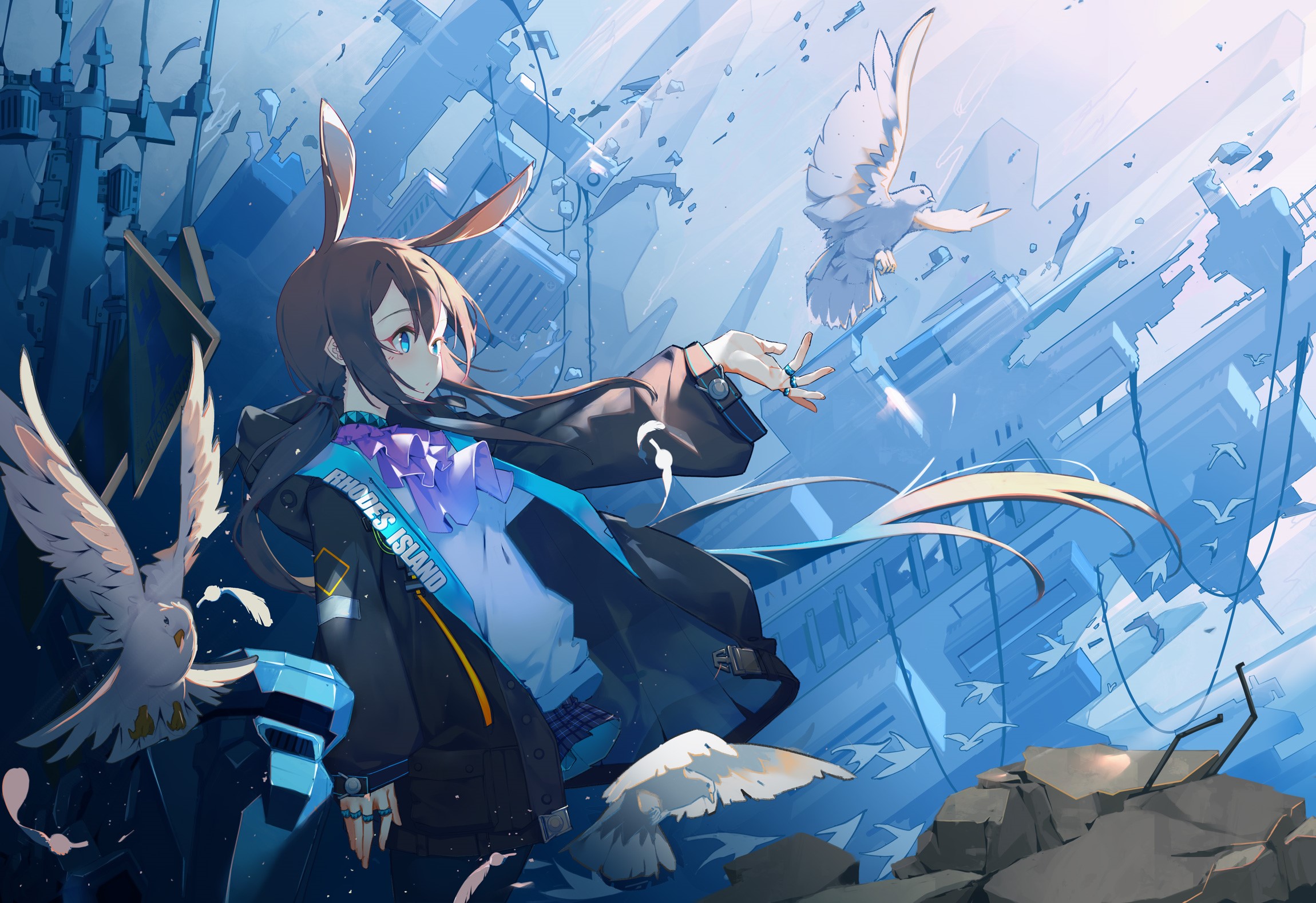 Amiya from Arknights with doves in a ruined city HD Wallpaper