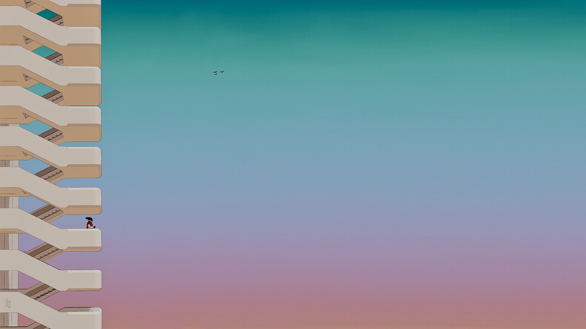 A lone figure on a balcony against a gradient sky HD Wallpaper