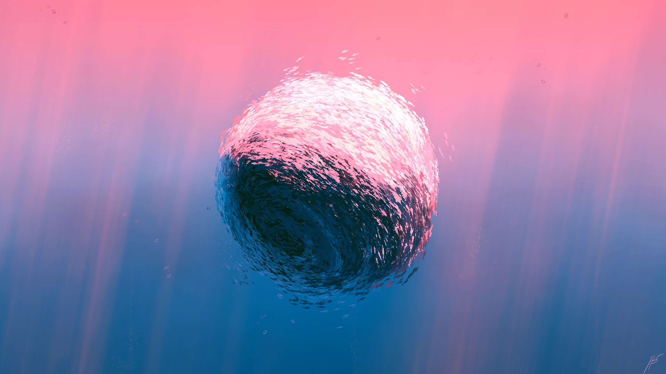 Abstract sphere with pink and blue light underwater HD Wallpaper
