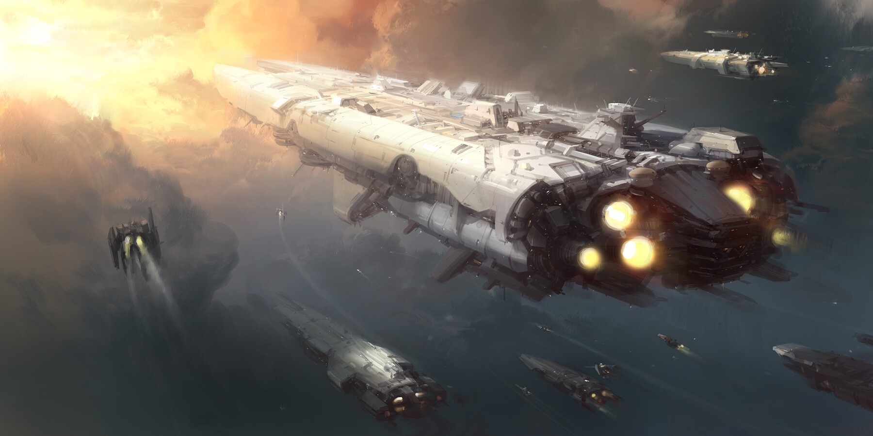 Digital artwork of a fleet of science fiction spaceships in the sky HD Wallpaper