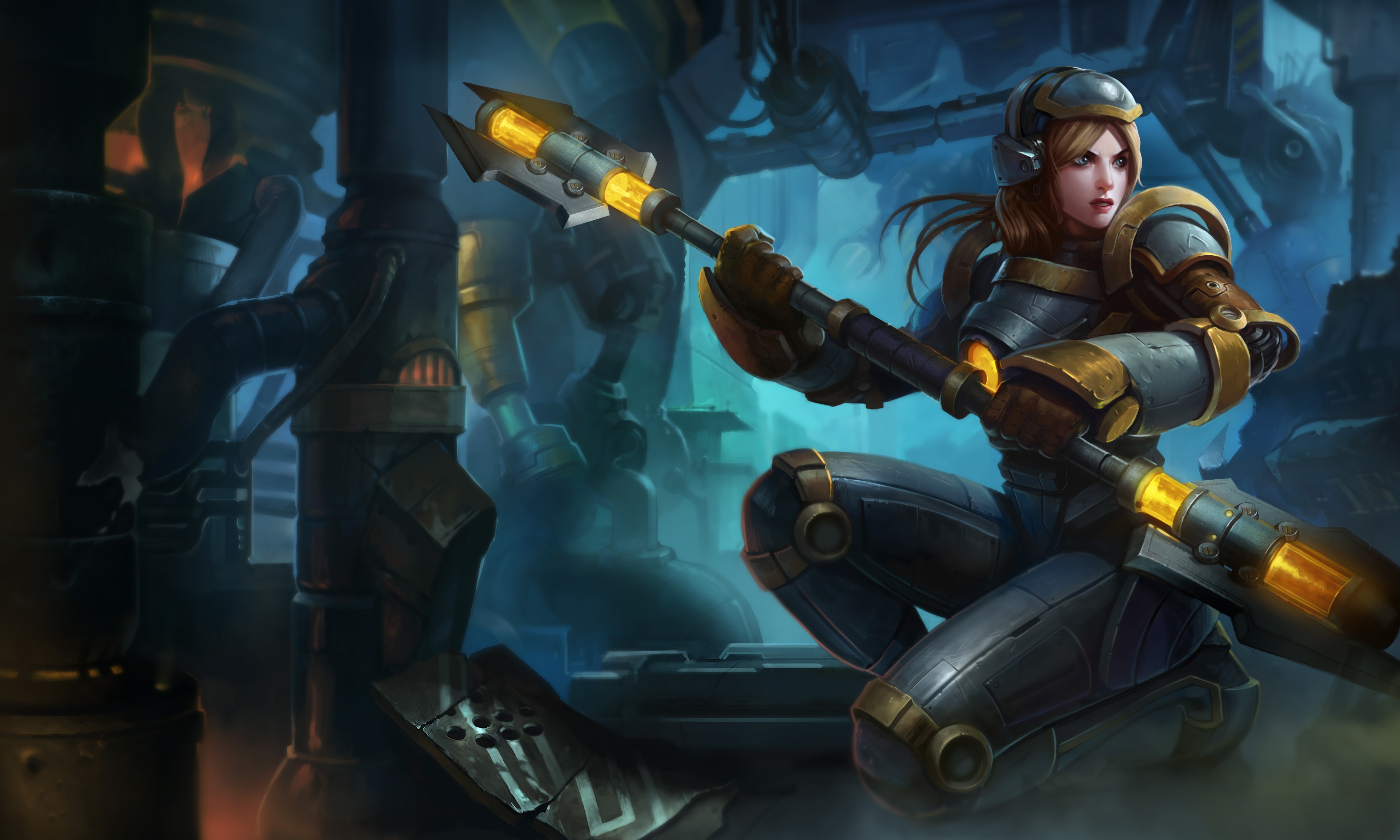 4K League of Legends character in armor with weapon HD Wallpaper