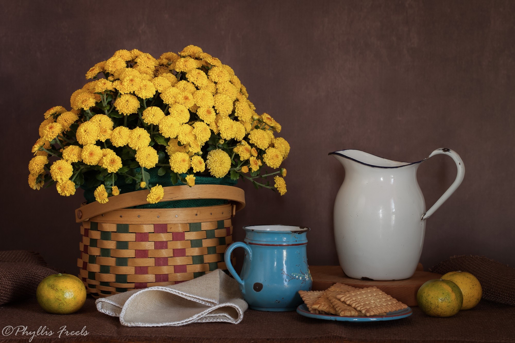 Still life with yellow mums, pitcher, and fruit HD Wallpaper