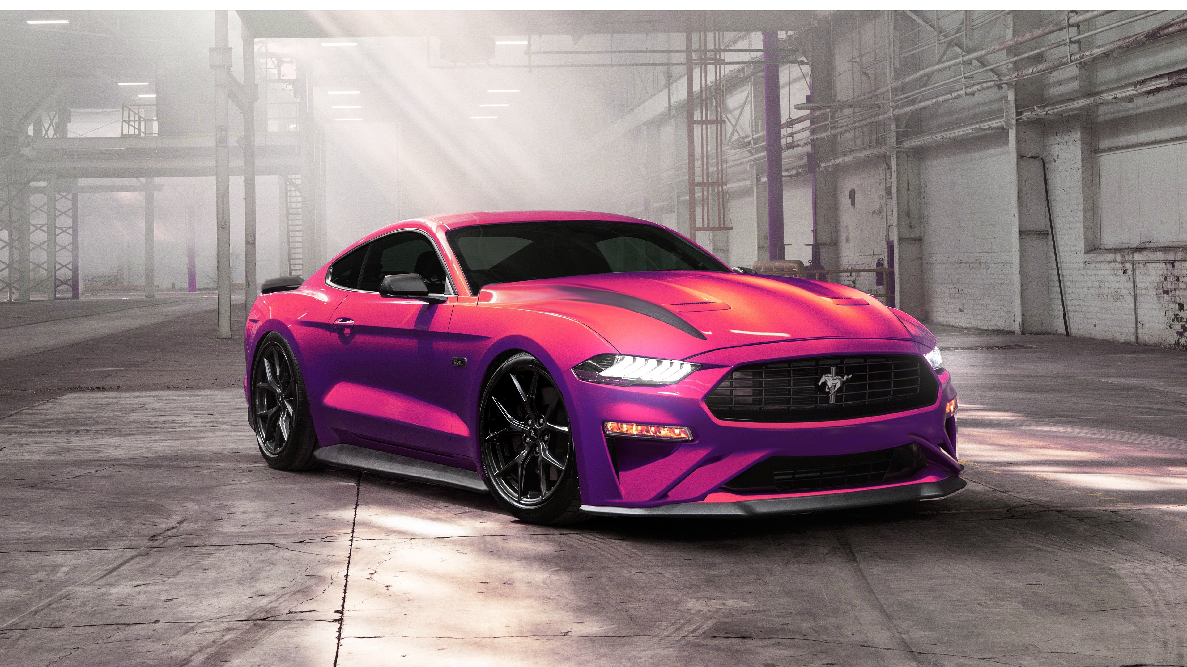 4K artwork of a pink and purple Ford Mustang HD Wallpaper