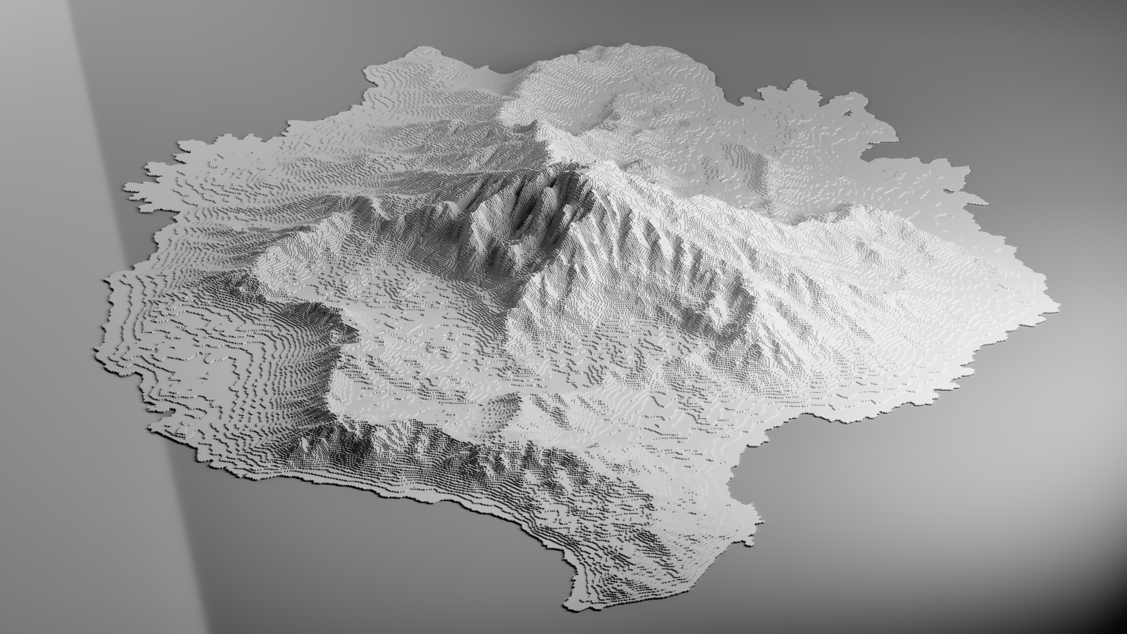 Monochrome digital art of voxel mountains landscape HD Wallpaper