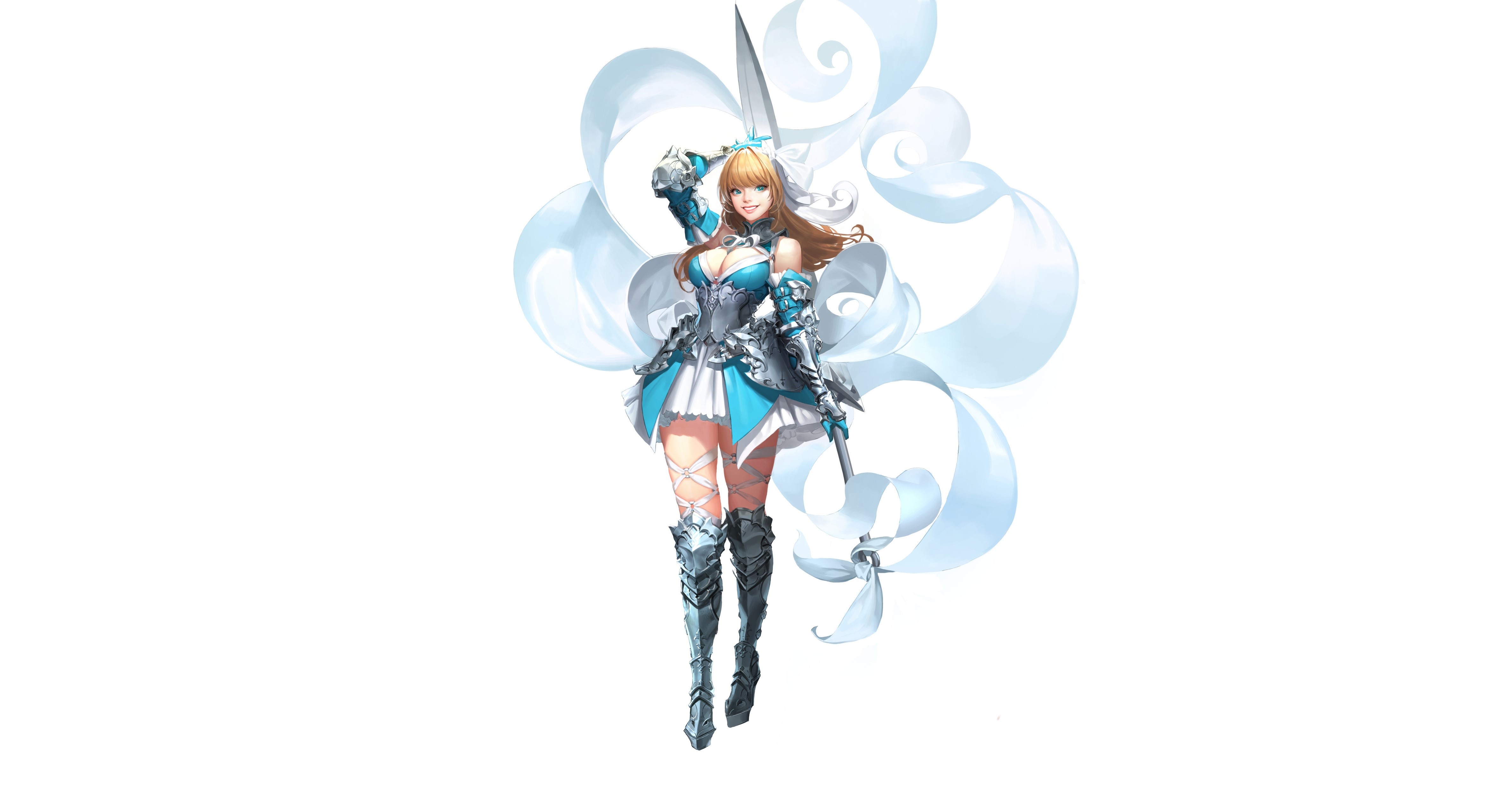 Fantasy girl with sword and blue ribbons HD Wallpaper
