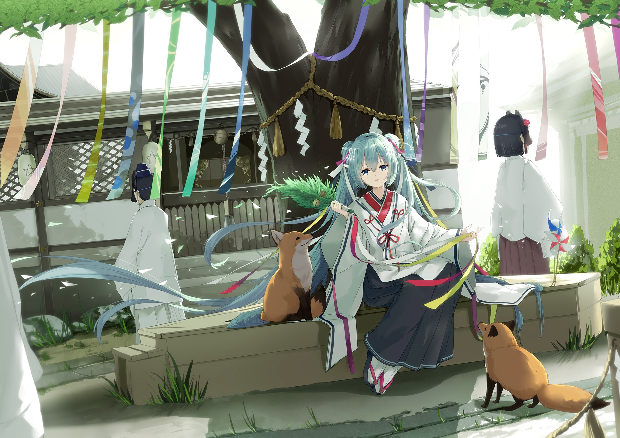 Anime girl with foxes at a shrine HD Wallpaper