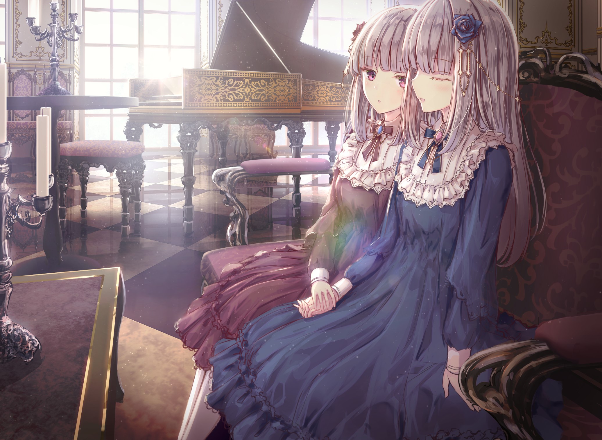 Two anime girls in Victorian dresses in a ballroom HD Wallpaper
