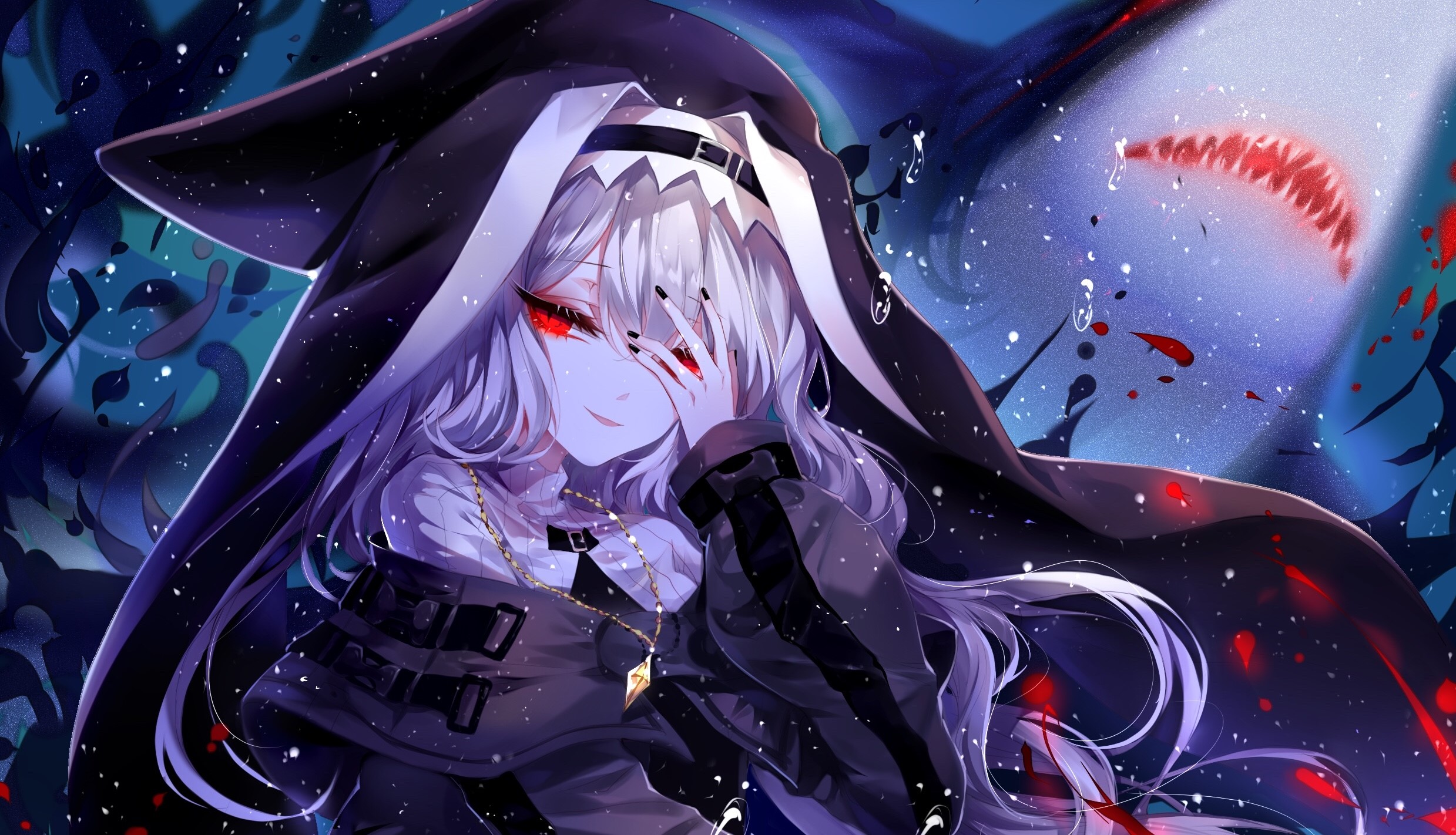 Anime girl with shark teeth in background HD Wallpaper