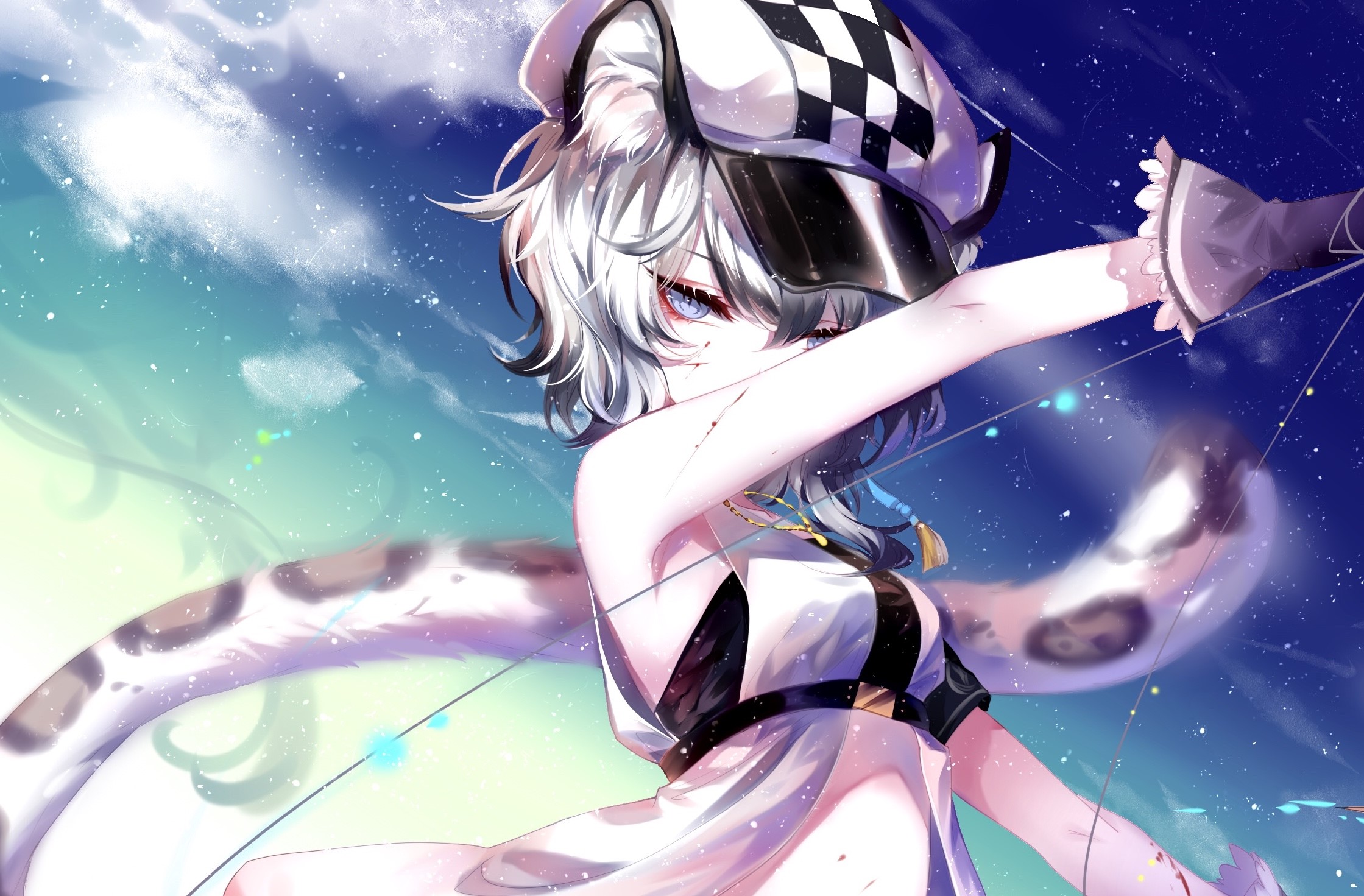 Anime girl with cat ears and tail holding a bow HD Wallpaper