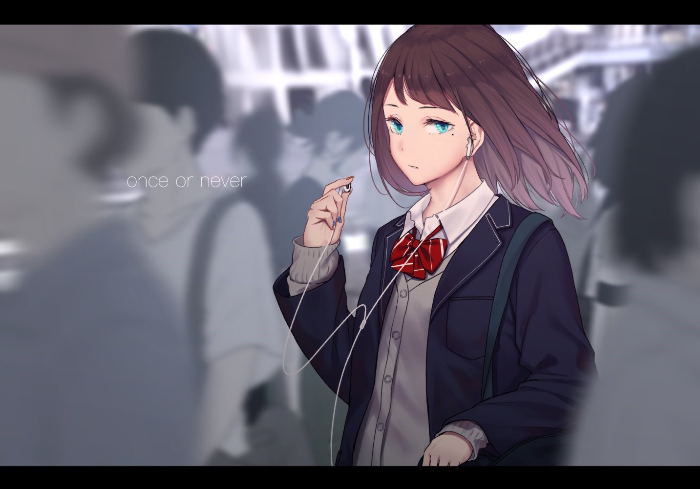 Anime girl with headphones in a crowd HD Wallpaper