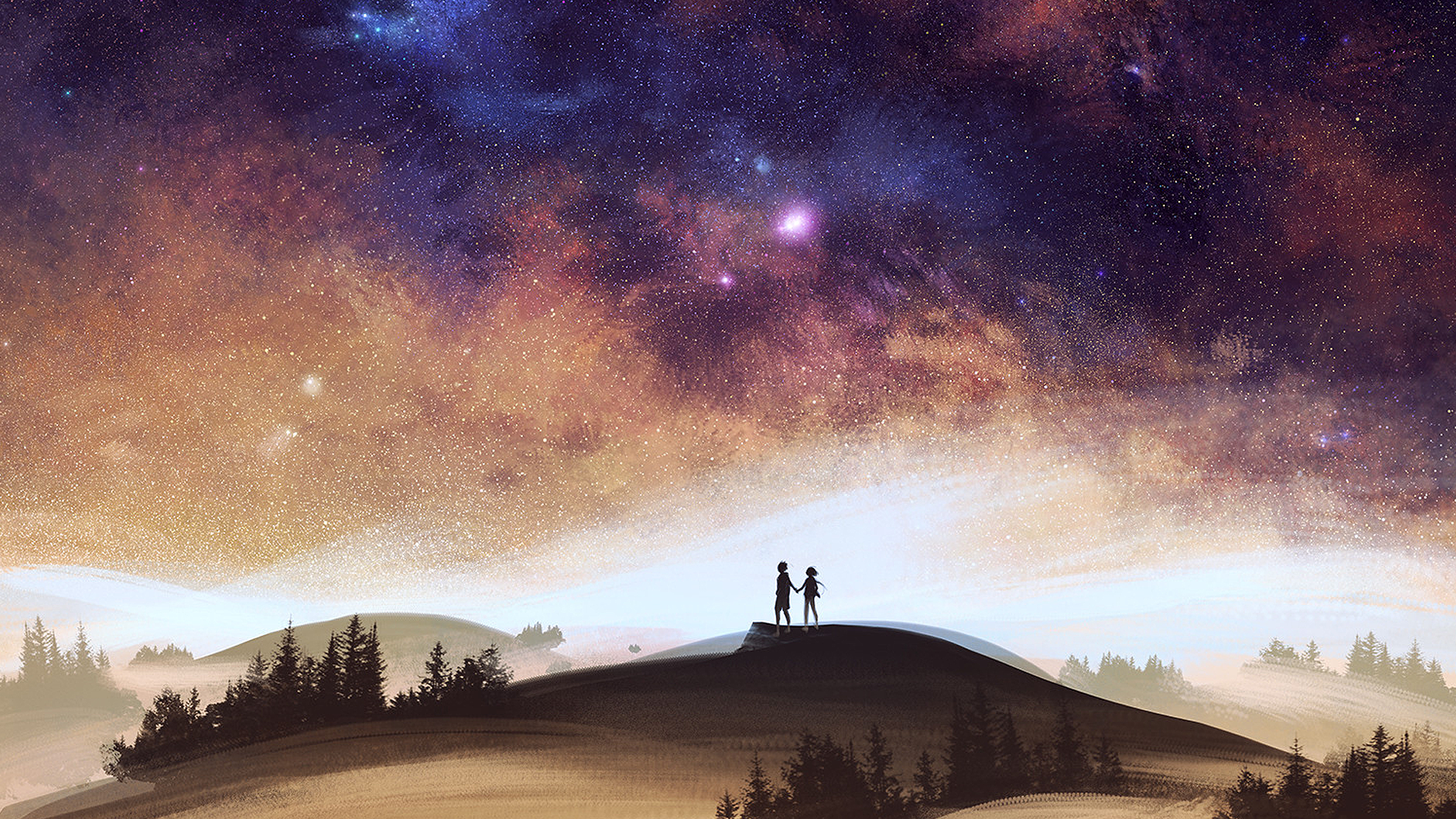 Couple holding hands under a starry sky HD Wallpaper