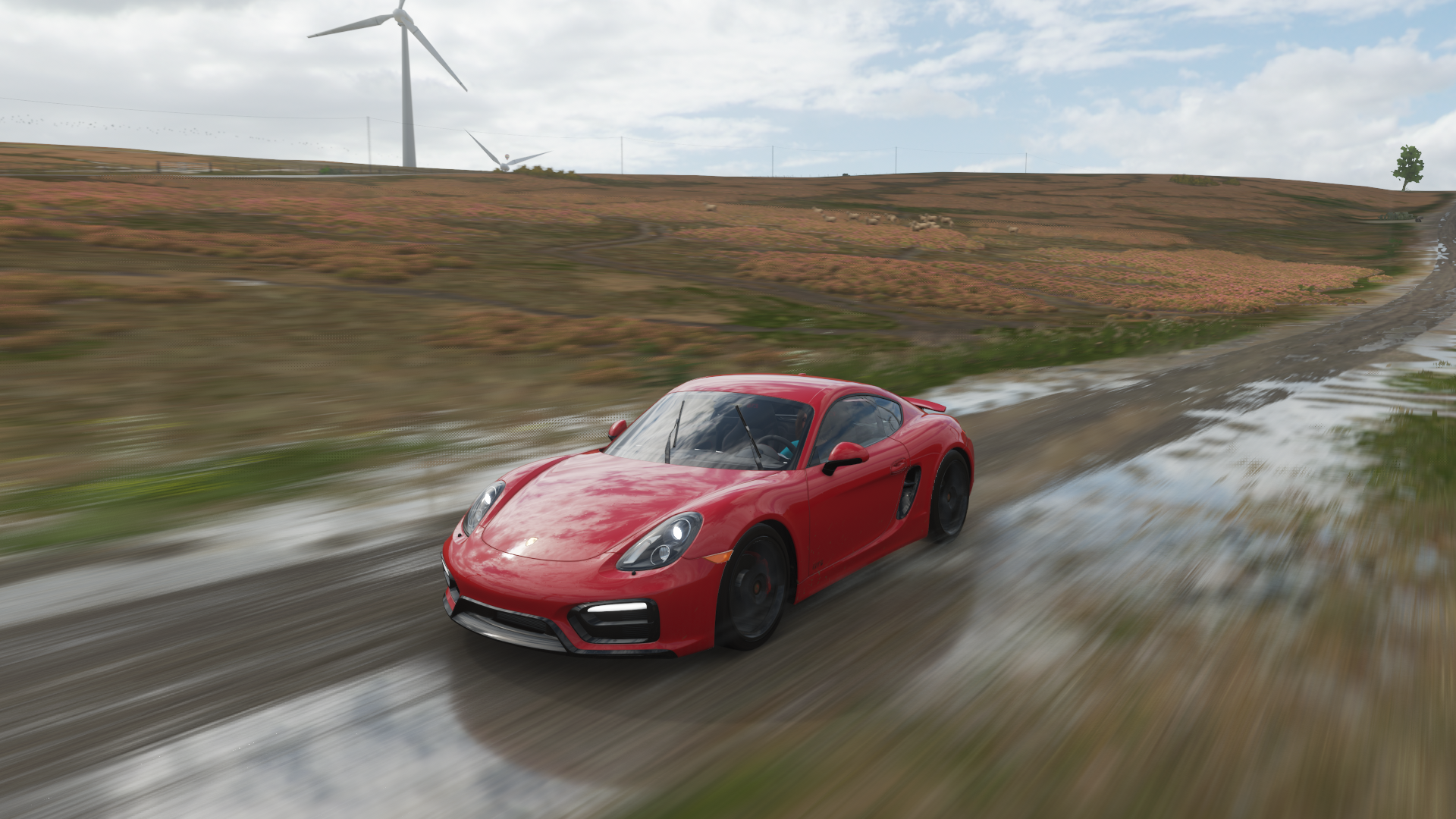 Red Porsche Cayman driving on a dirt road in Forza Horizon 4 HD Wallpaper