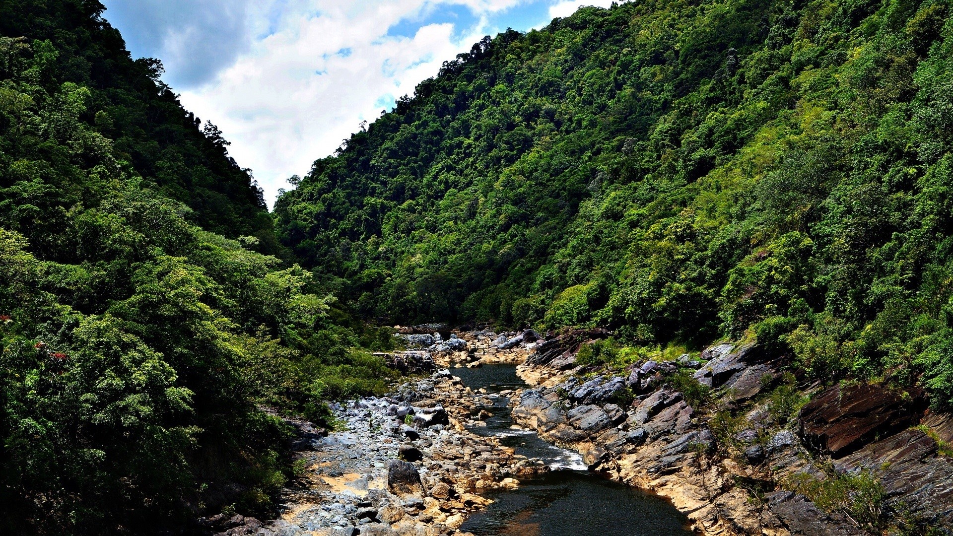 River flowing through a lush green mountain valley HD Wallpaper
