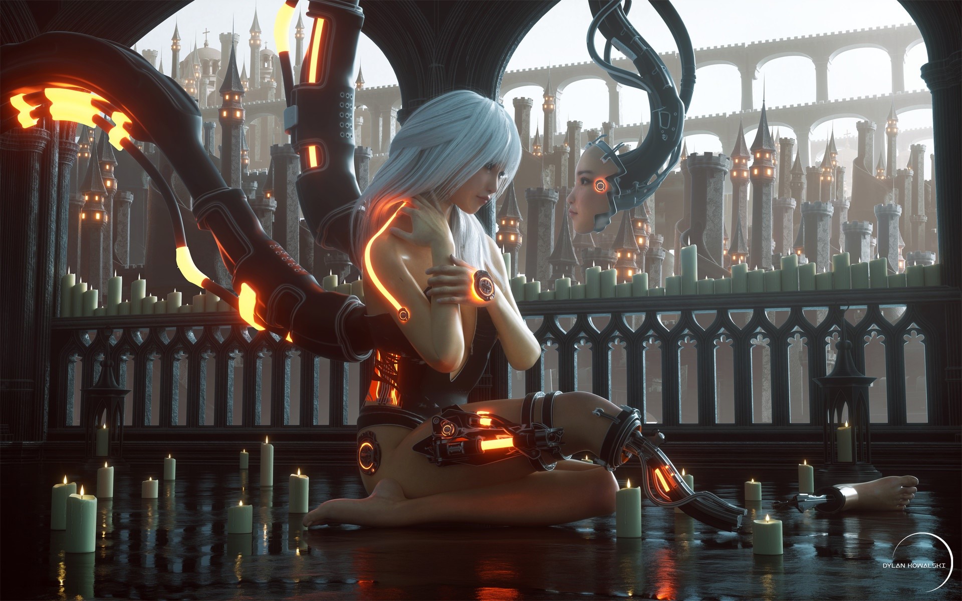 Cyborg woman with mechanical arms and detached head in gothic setting HD Wallpaper