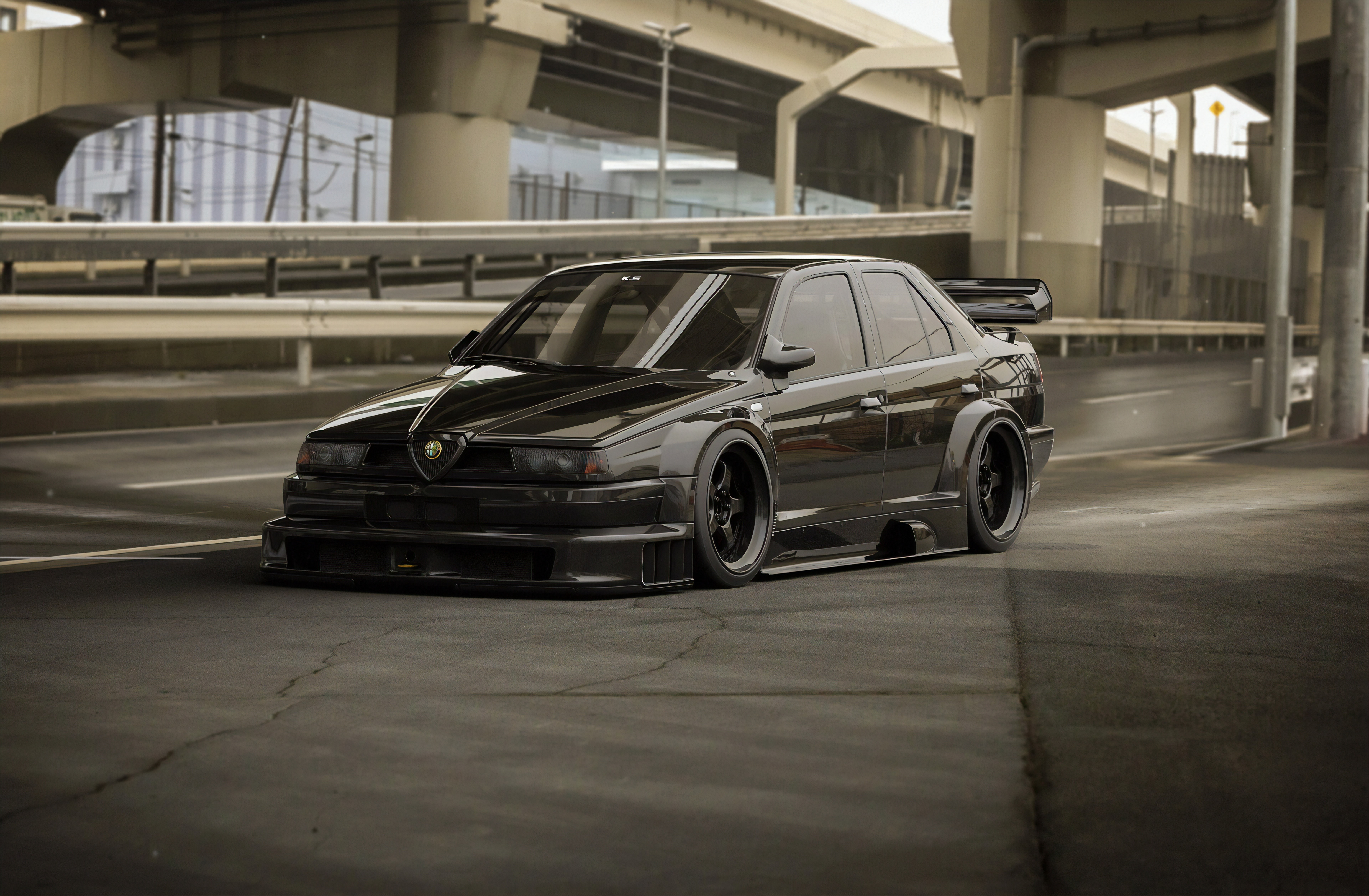 4K render of a black Alfa Romeo 155 widebody HD Wallpaper