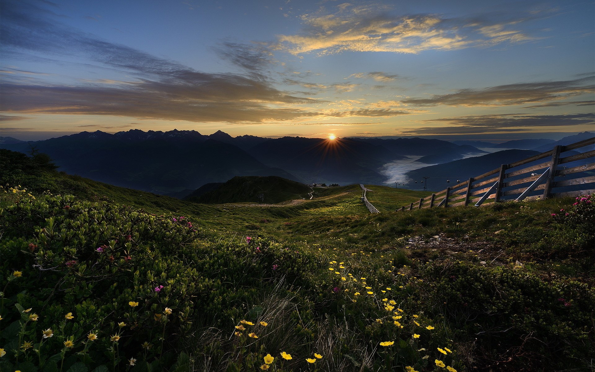 Sunrise over mountains with wildflowers and wooden fence HD Wallpaper