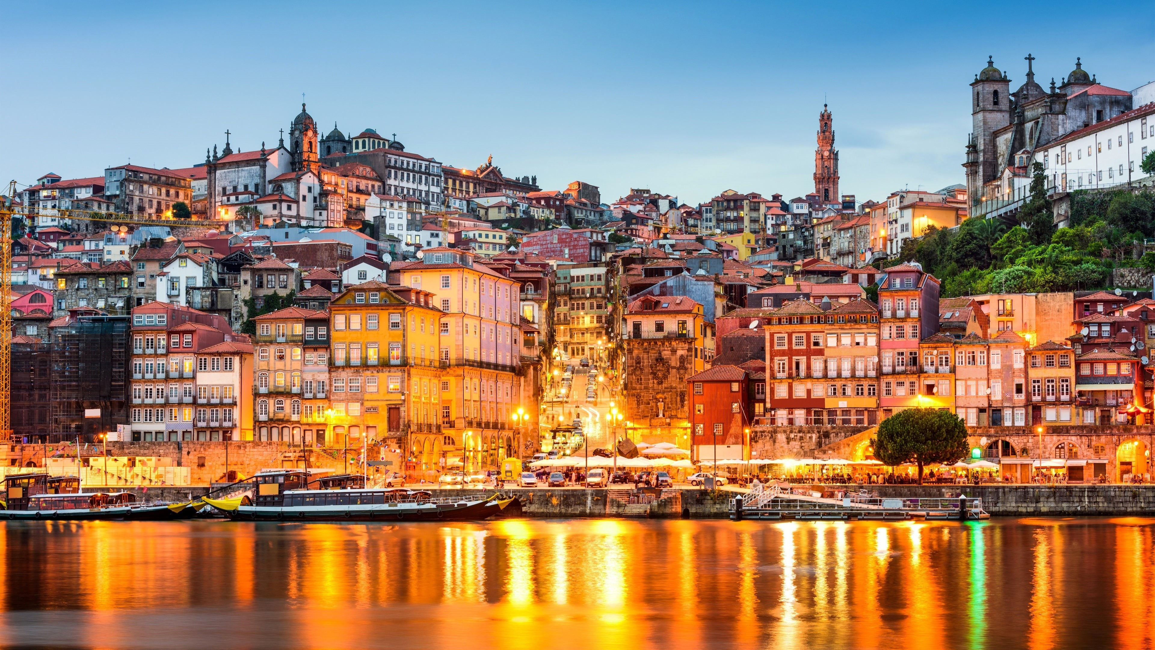 Porto, Portugal cityscape at dusk with river HD Wallpaper