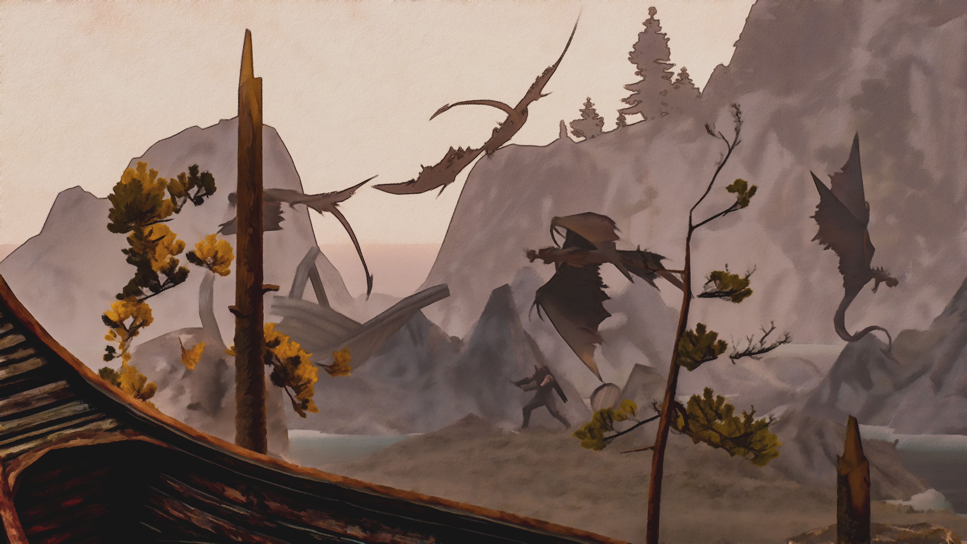 Dragons and a warrior in a mountainous landscape from The Witcher 3 HD Wallpaper