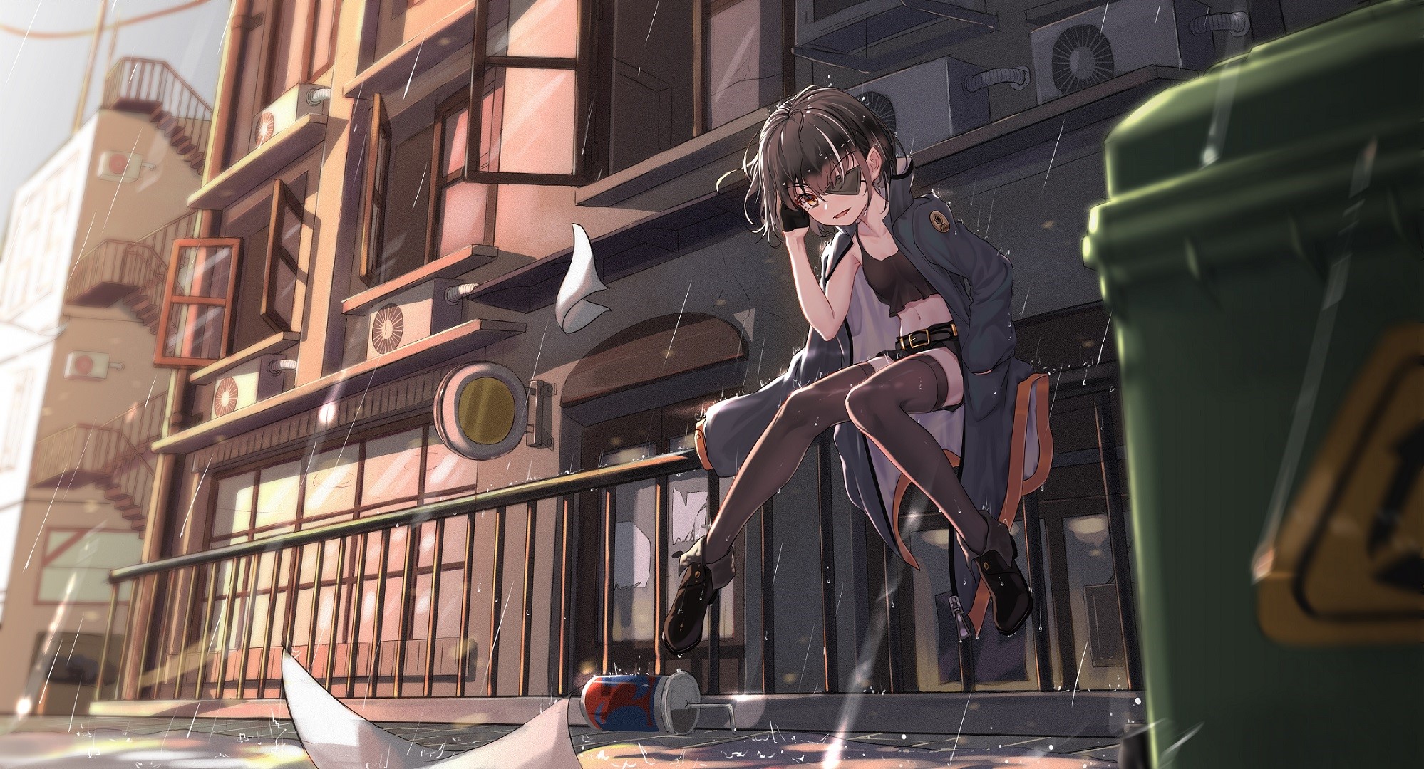 Anime girl sitting on a balcony in the rain HD Wallpaper