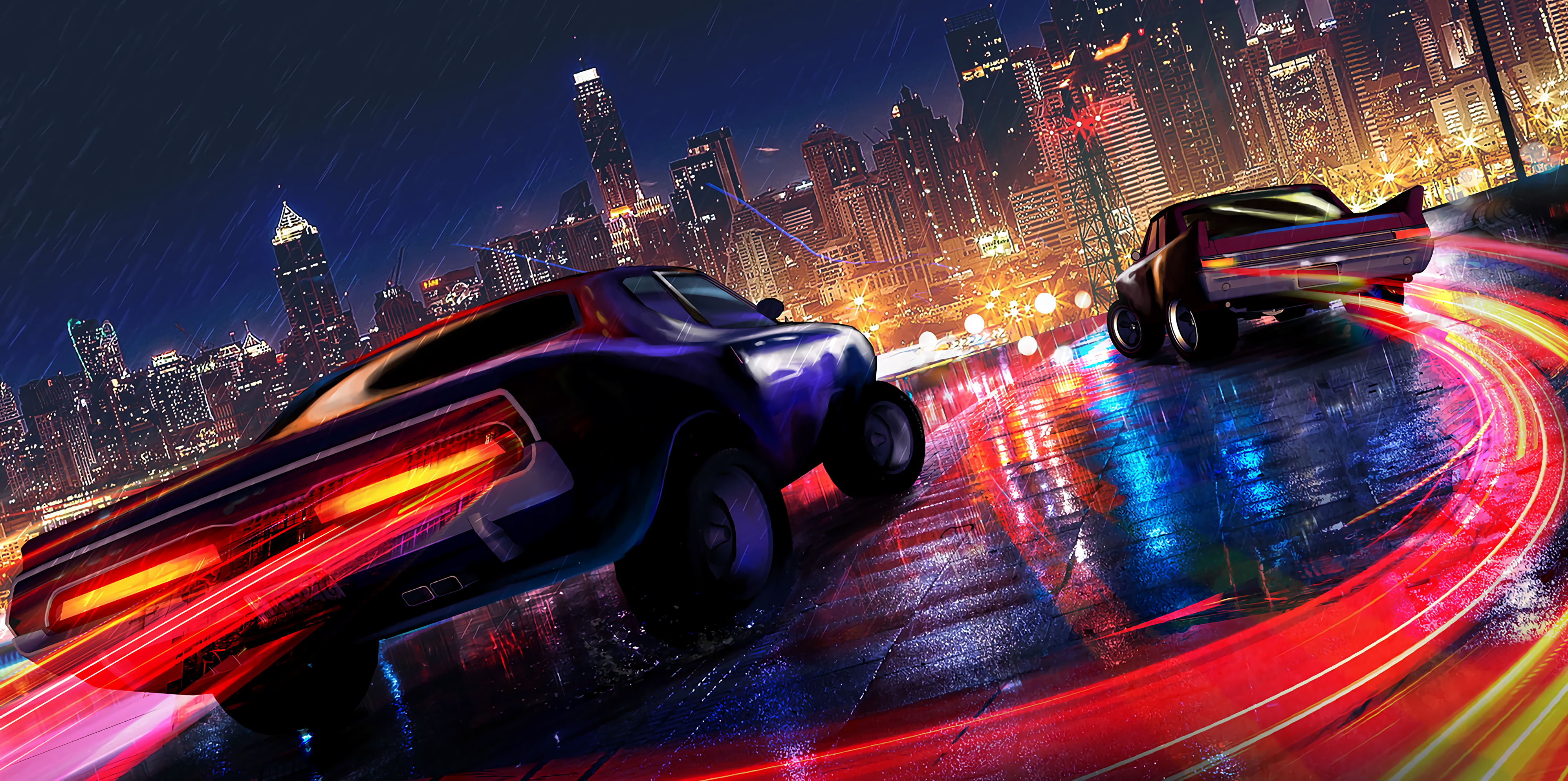 4K night street racing in a rainy city HD Wallpaper