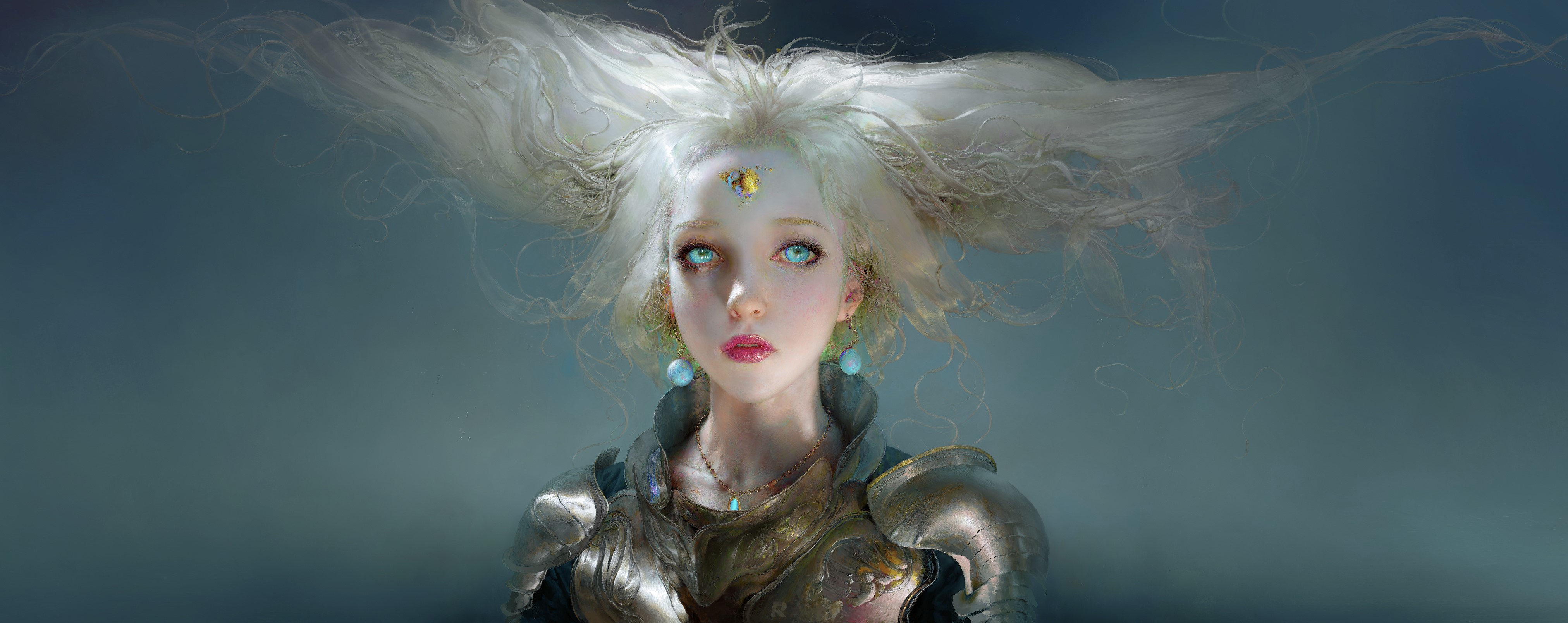 Fantasy girl with white hair and armor by Ruan Jia HD Wallpaper