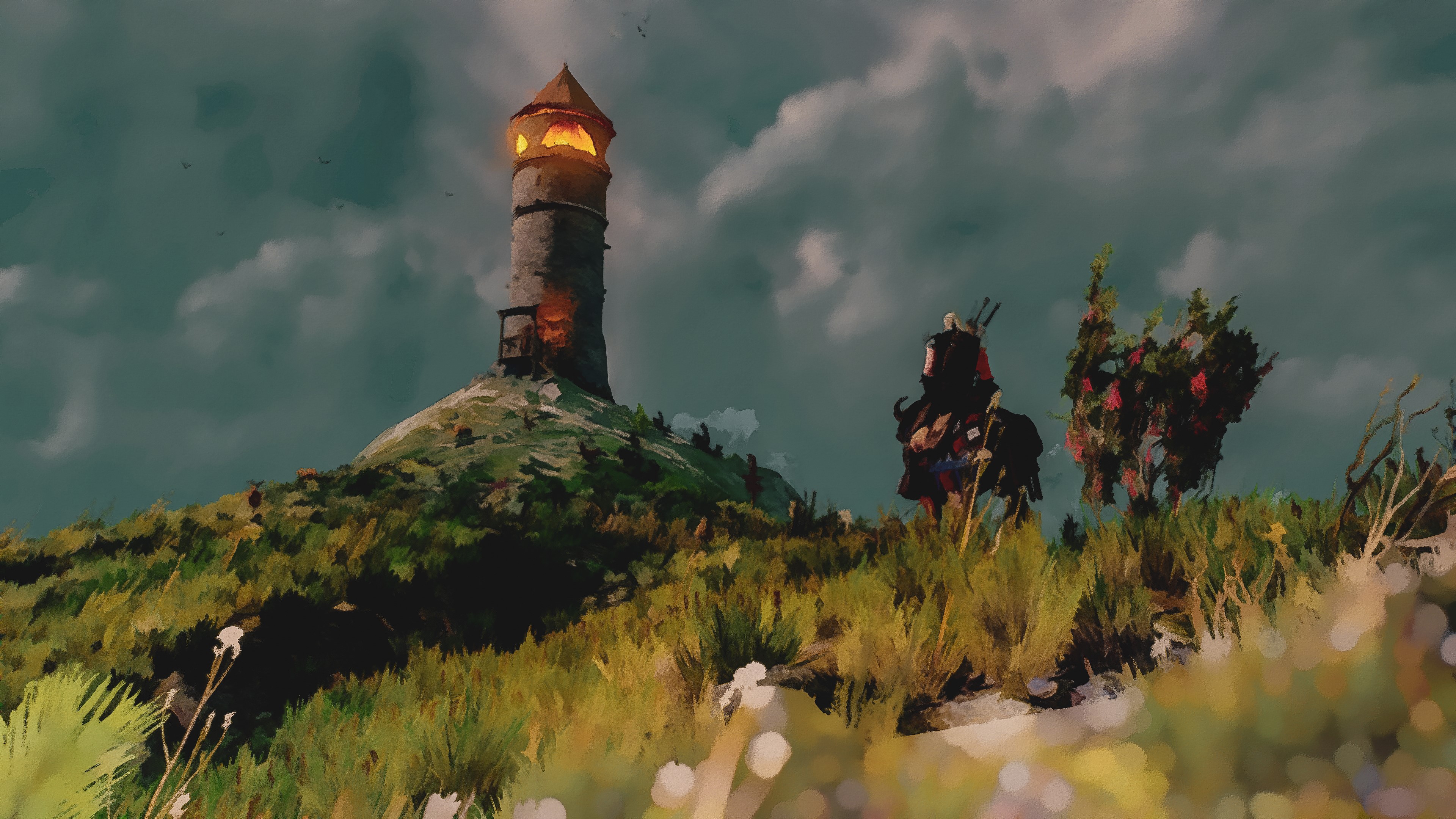 Geralt from The Witcher on horseback near a lighthouse HD Wallpaper