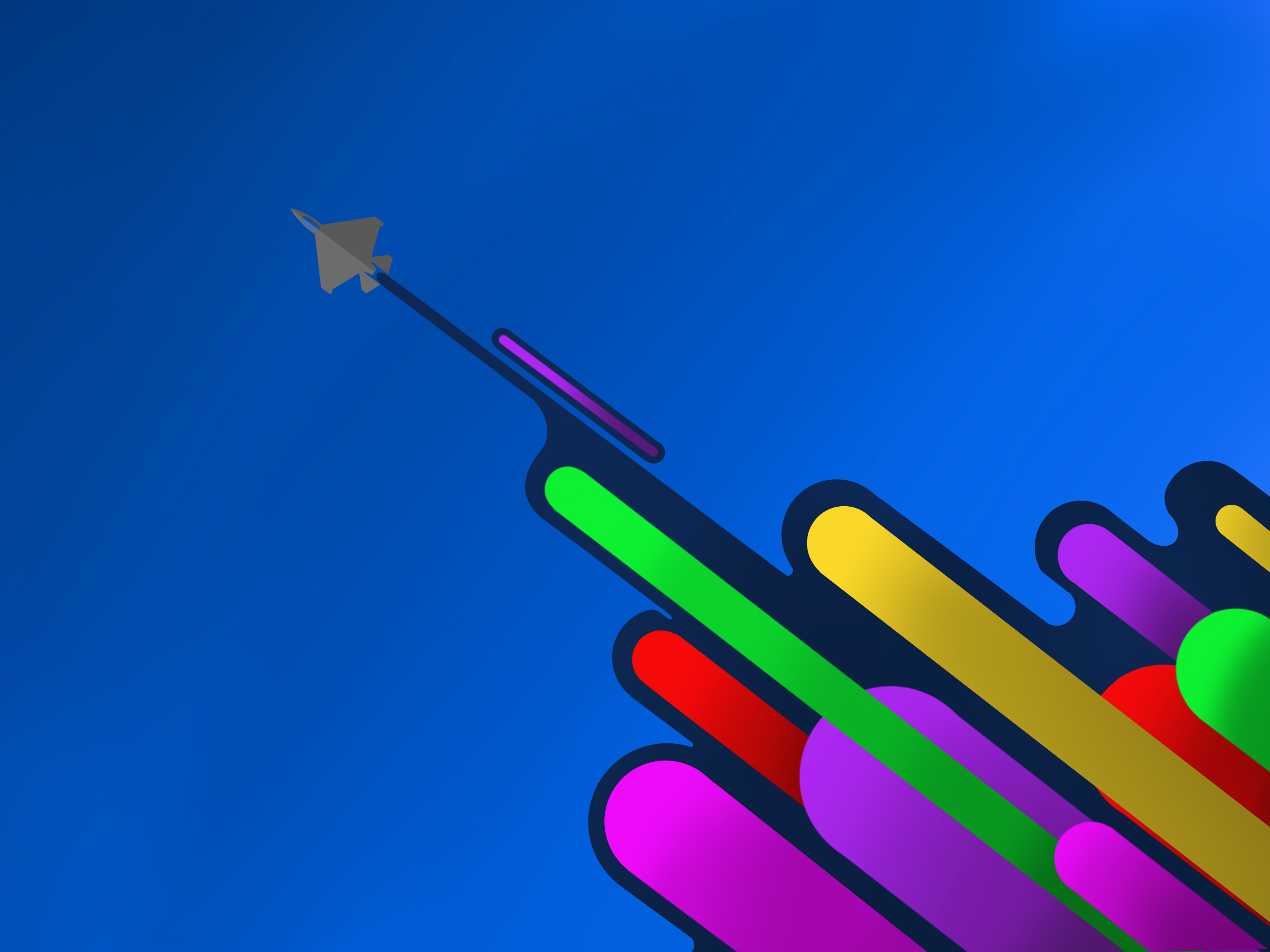 Airplane flying through colorful abstract shapes on blue background HD Wallpaper