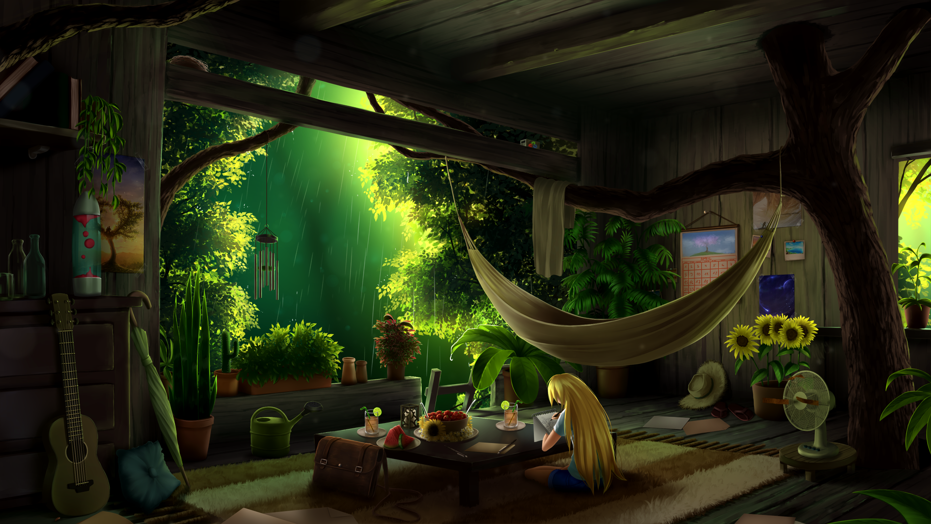 Girl drawing in a treehouse during a rainstorm HD Wallpaper