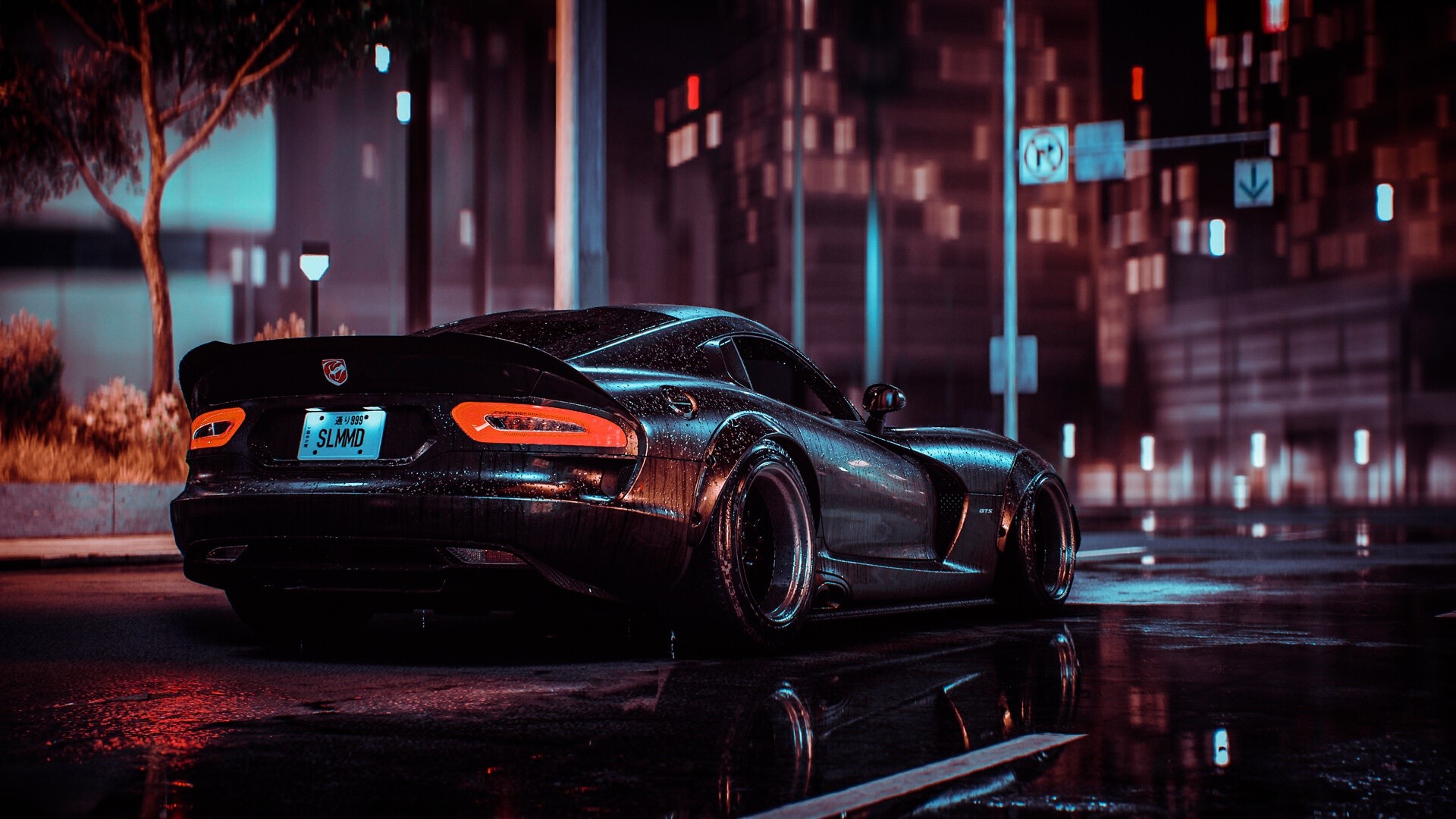 Black Dodge Viper on wet city street at night HD Wallpaper
