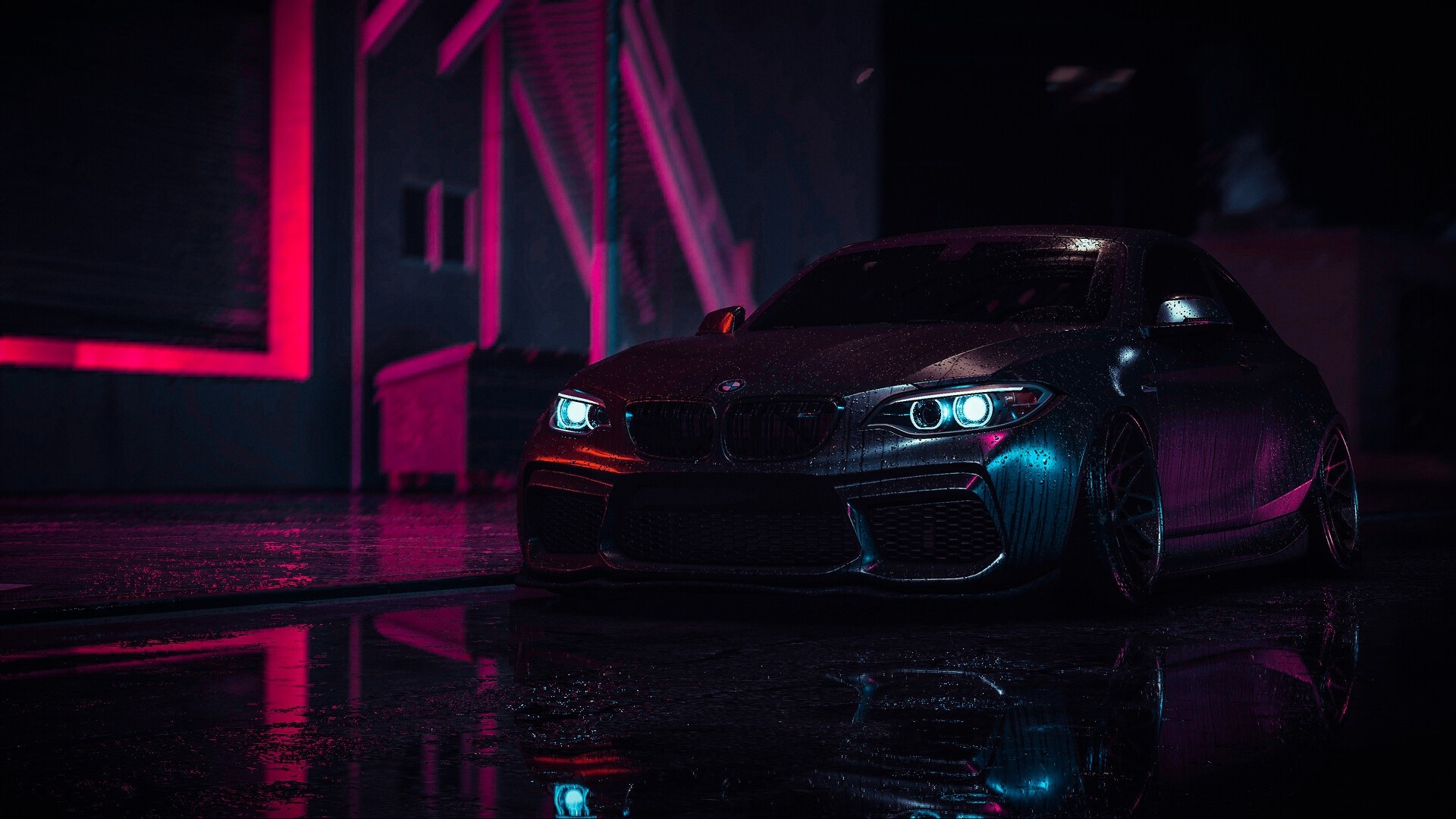 BMW Car with Neon Lights at Night HD Wallpaper